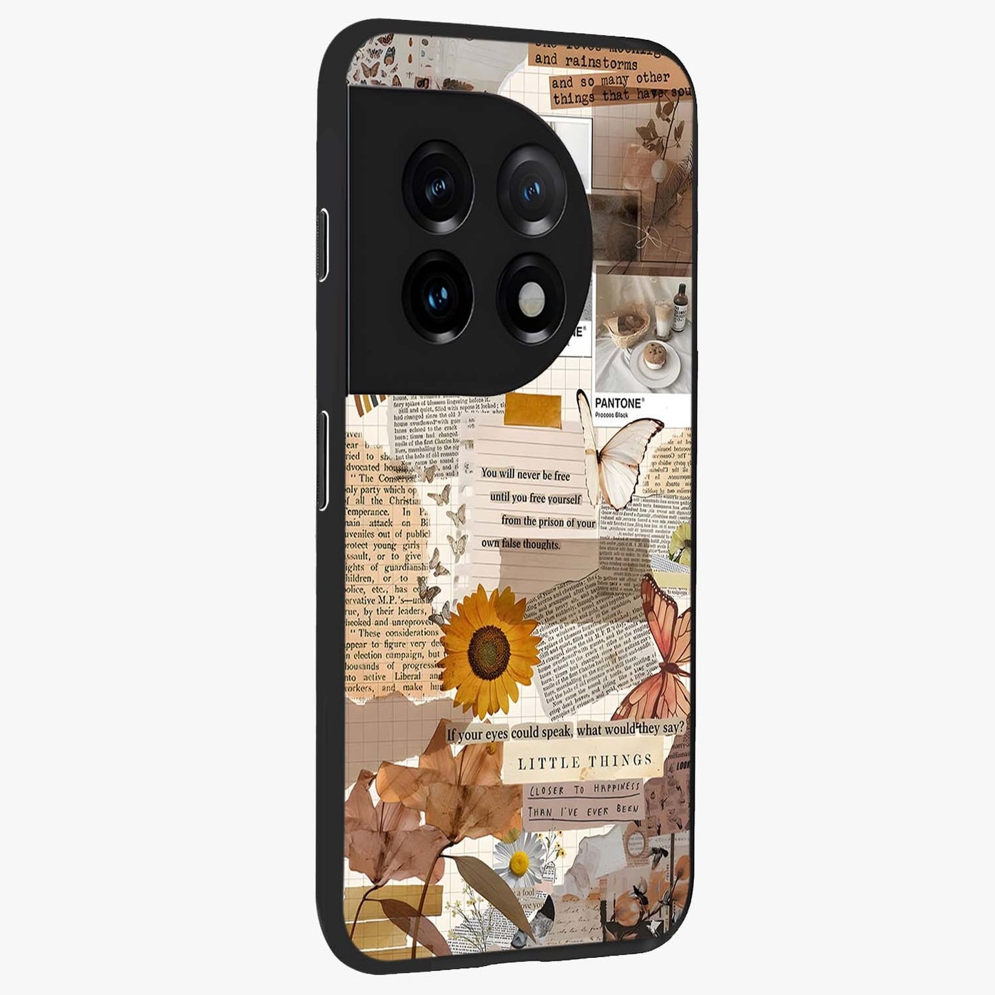 Vintage Aesthetic Collage Glass Case for 1+11 side perspective highlighting textured layers and premium edges
