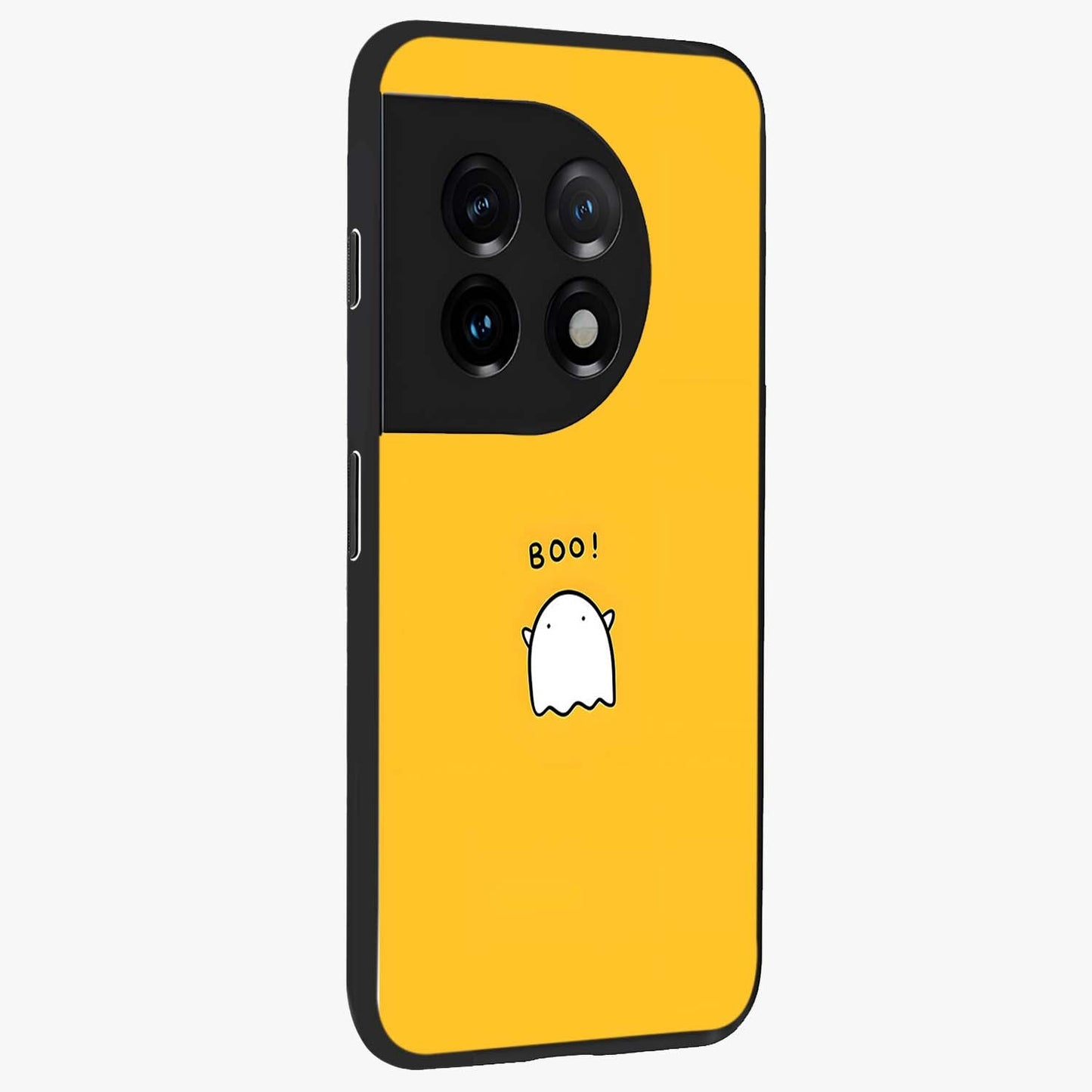 Yellow Boo Ghost Glass Case for 1+11 side perspective highlighting lively textures and premium edges