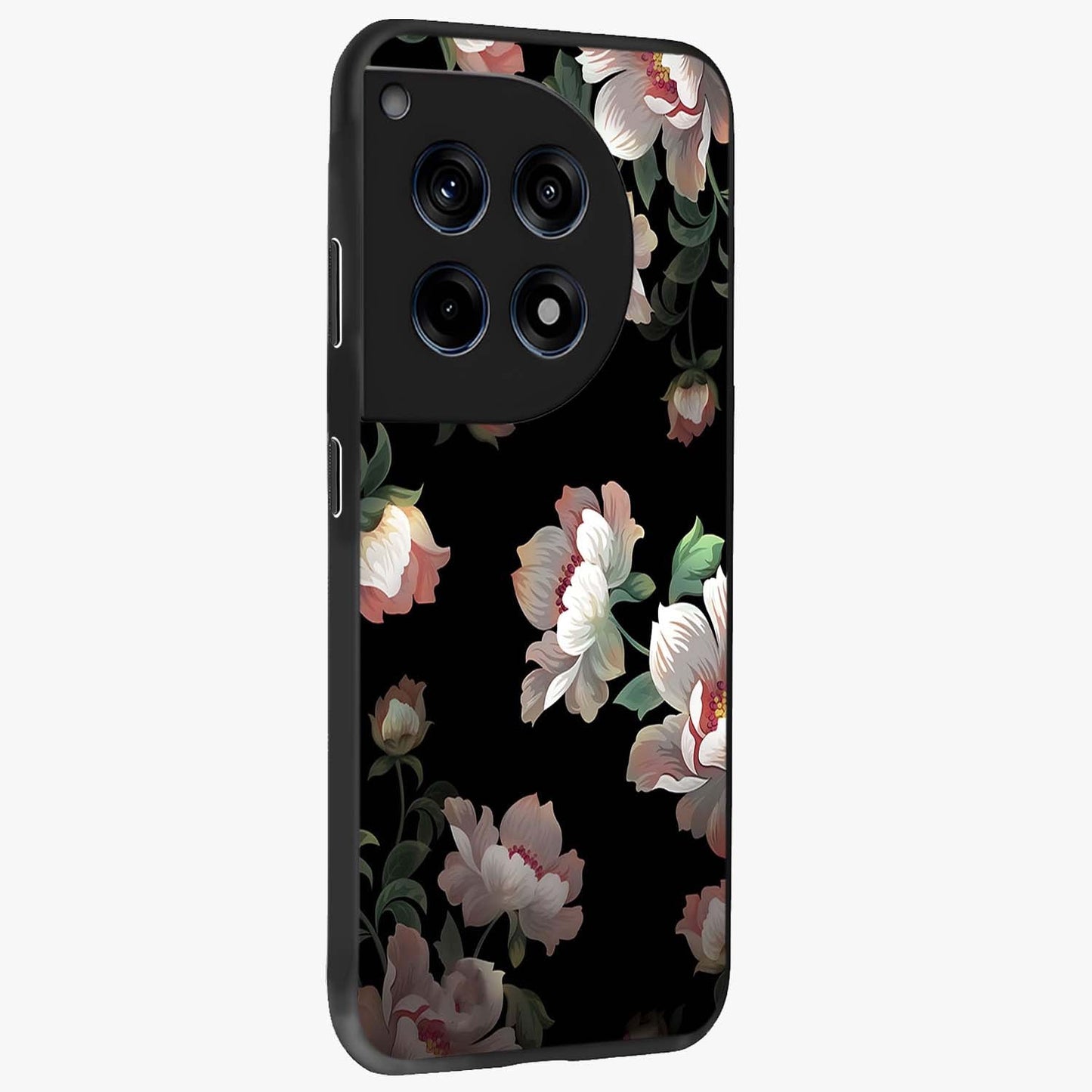 Abstract Embossed Blooming Bright Flower Glass Case for 1+12R side perspective highlighting bright embossed flower texture