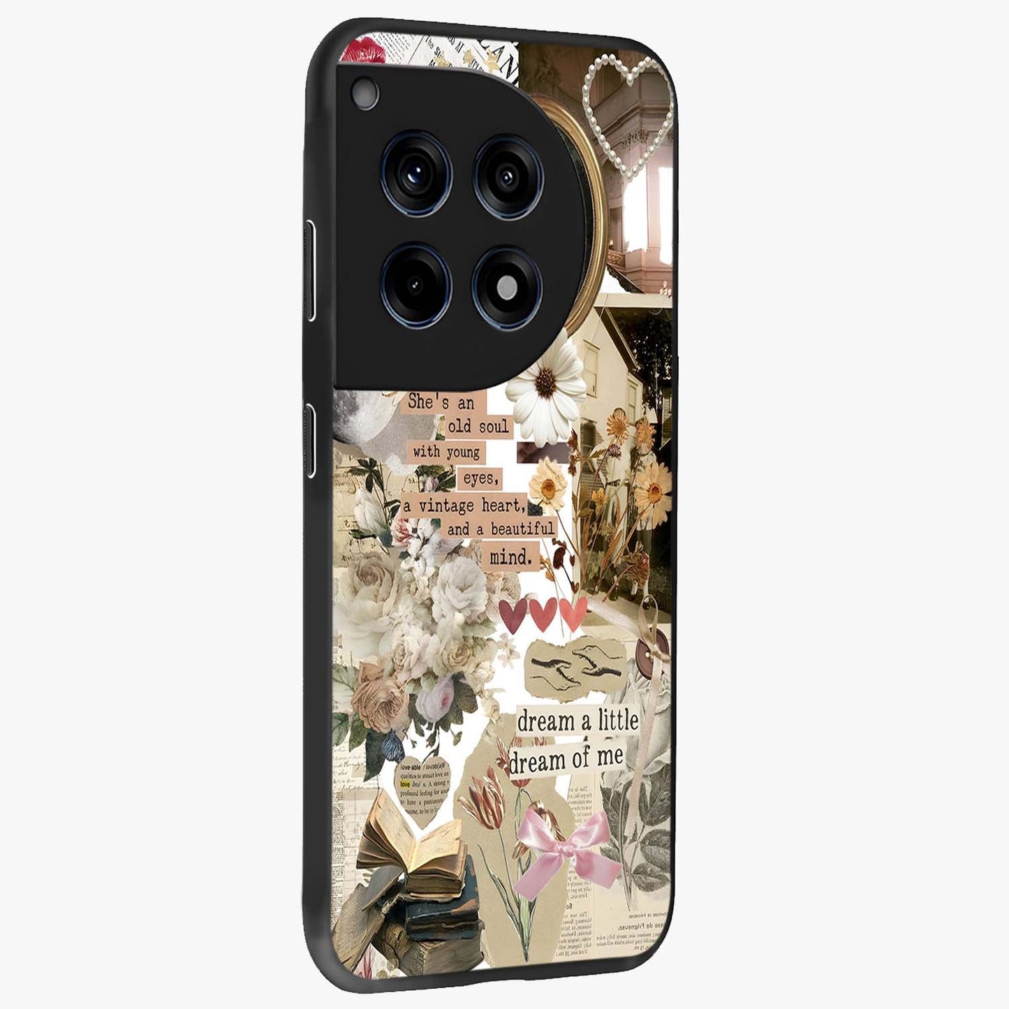 Aesthetic Brown Vintage Collage Glass Case for 1+12R side perspective highlighting detailed aesthetic collage elements