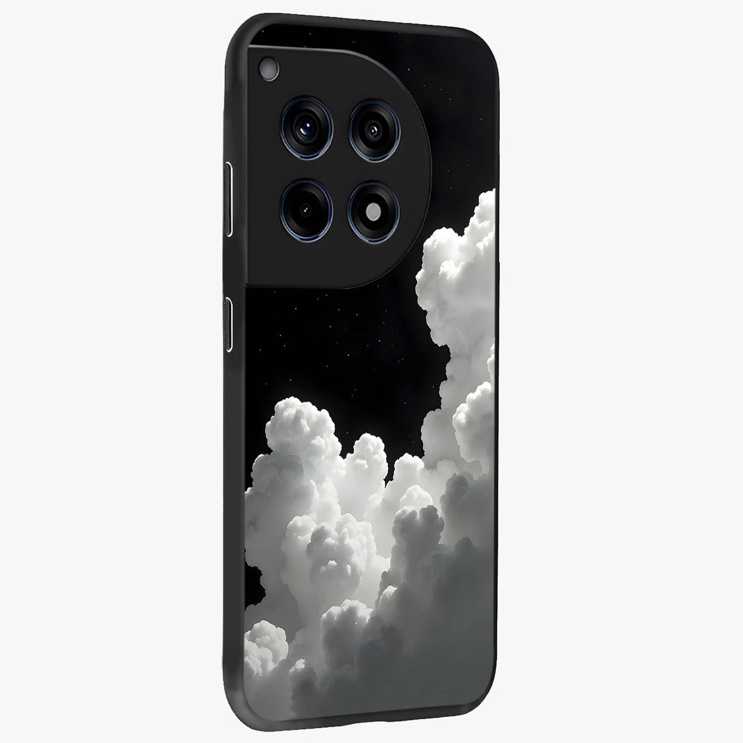 Black Background With White Cloud Glass Case for 1+12R side perspective highlighting smooth edges and minimalist sky theme