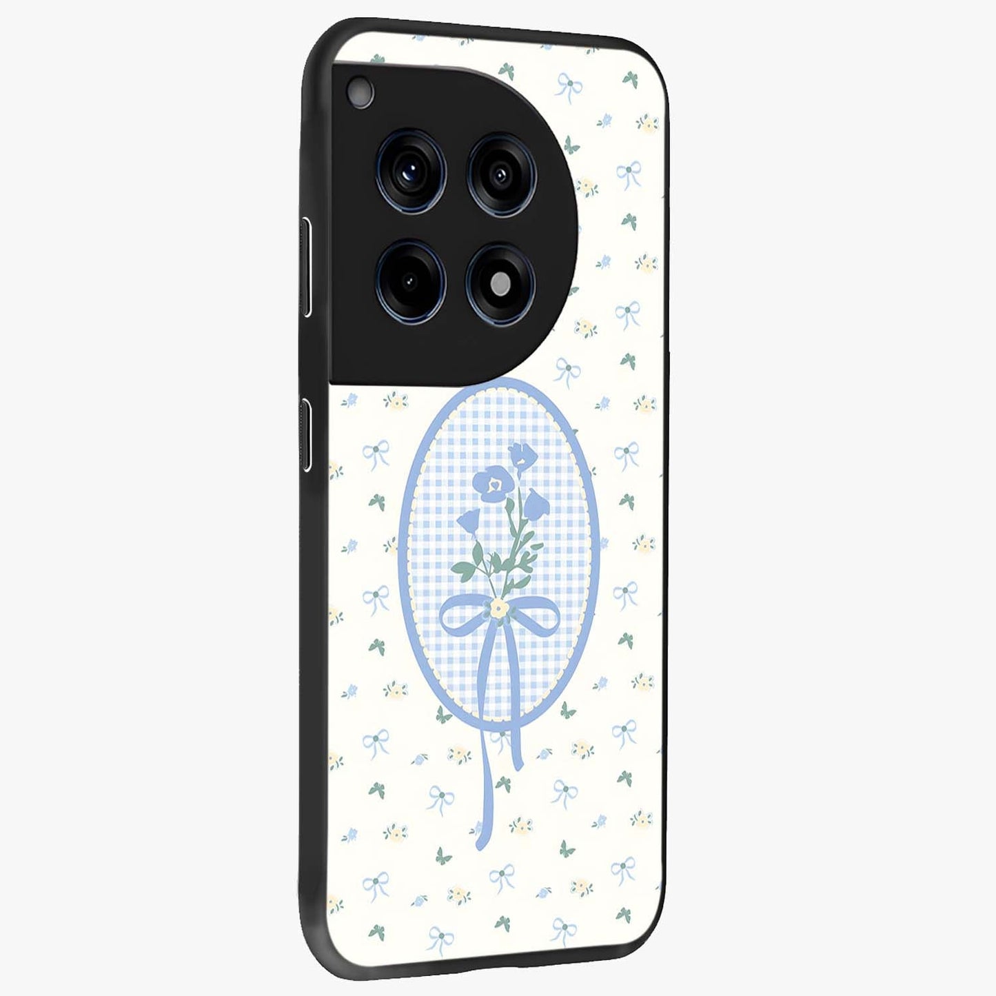 Blue Ribbon Bloom Glass Case for 1+12R side perspective highlighting graceful floral design and premium edges