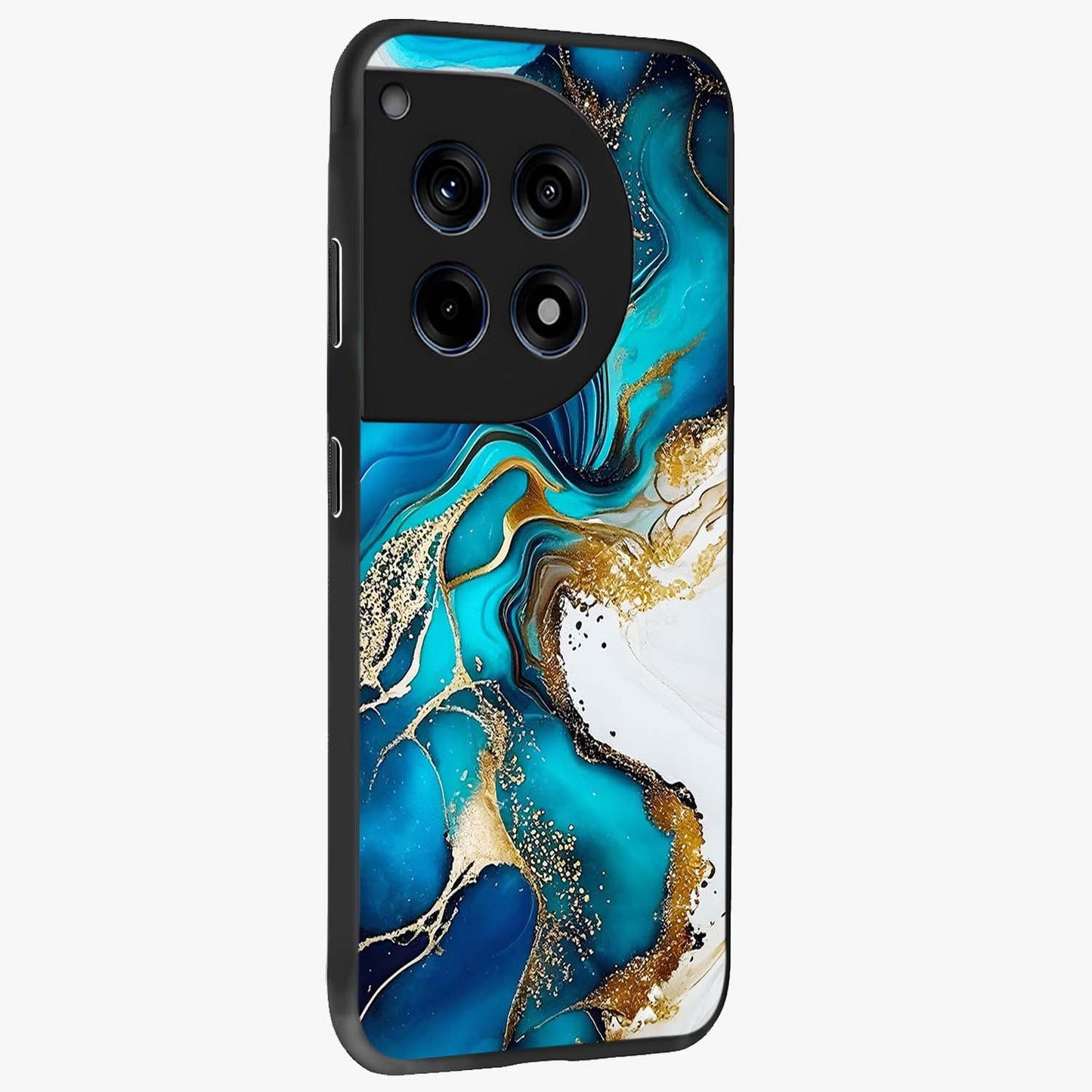 Blue and White Marble With Golden Viens Art Glass Case for 1+12R side perspective highlighting rich marble textures and elegant gold accents