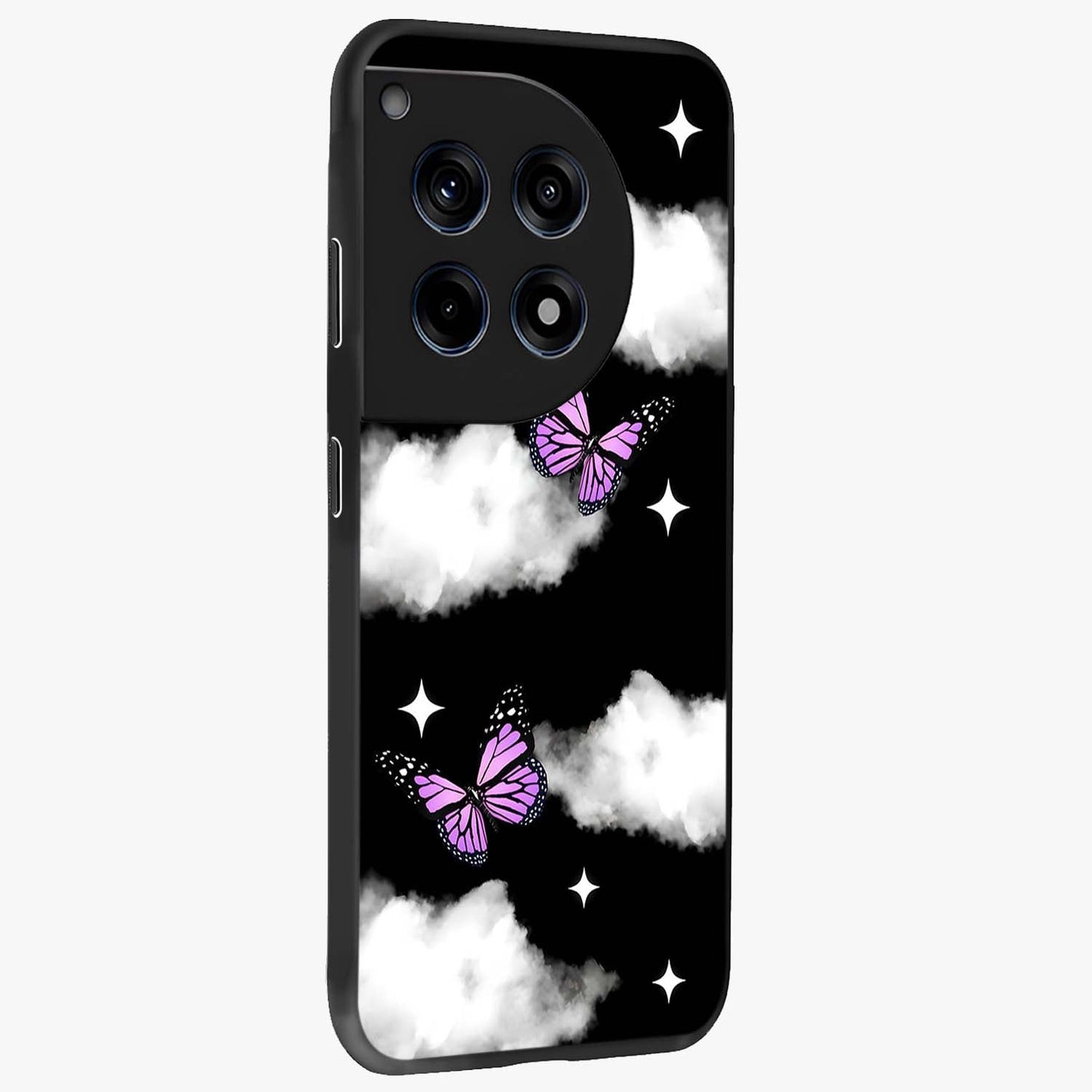 Butterfly Night Drift Glass Case for 1+12R side perspective highlighting glowing butterfly details and sleek edges
