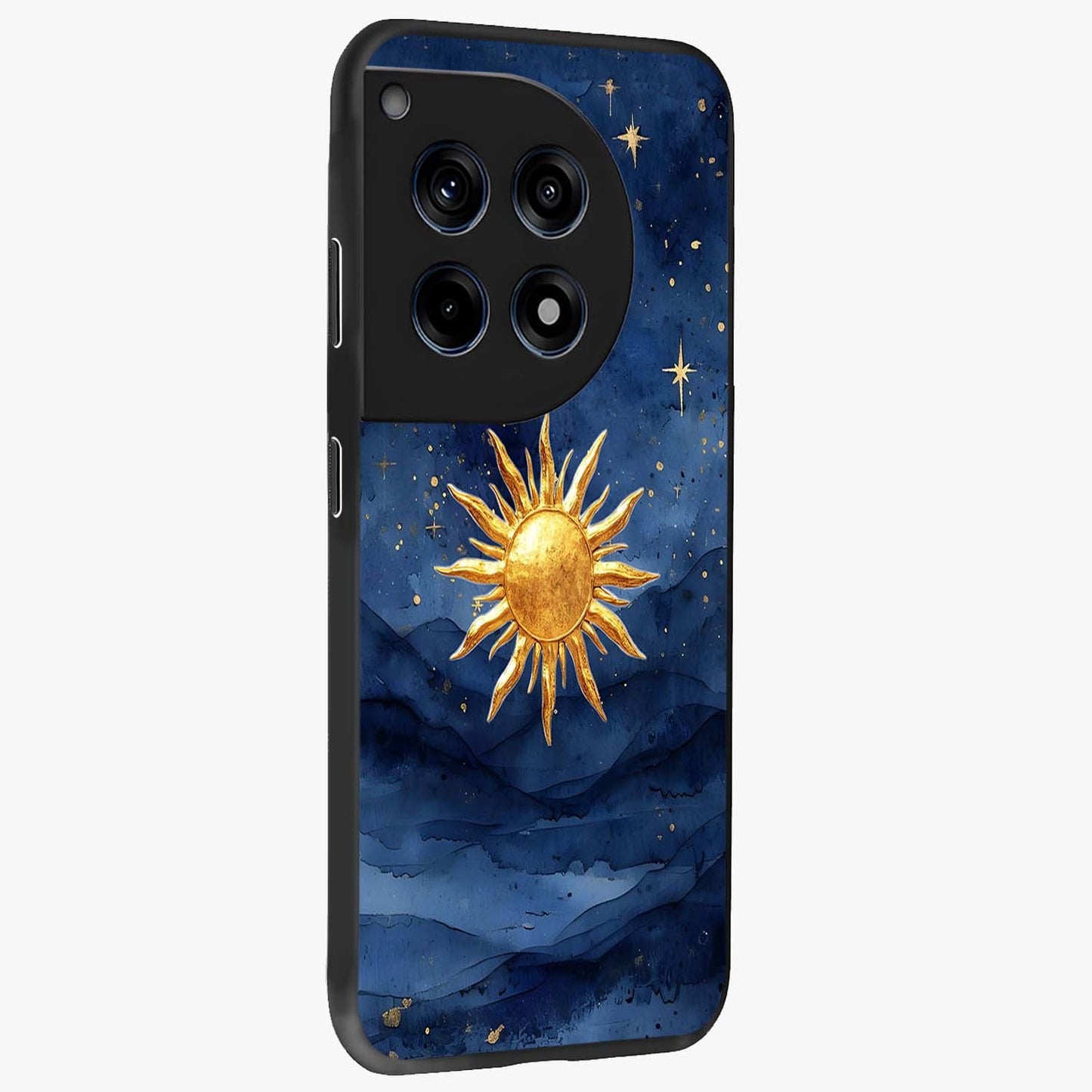 Celestial Blue Glow Glass Case for 1+12R side perspective highlighting vibrant glow detailing and sleek edges