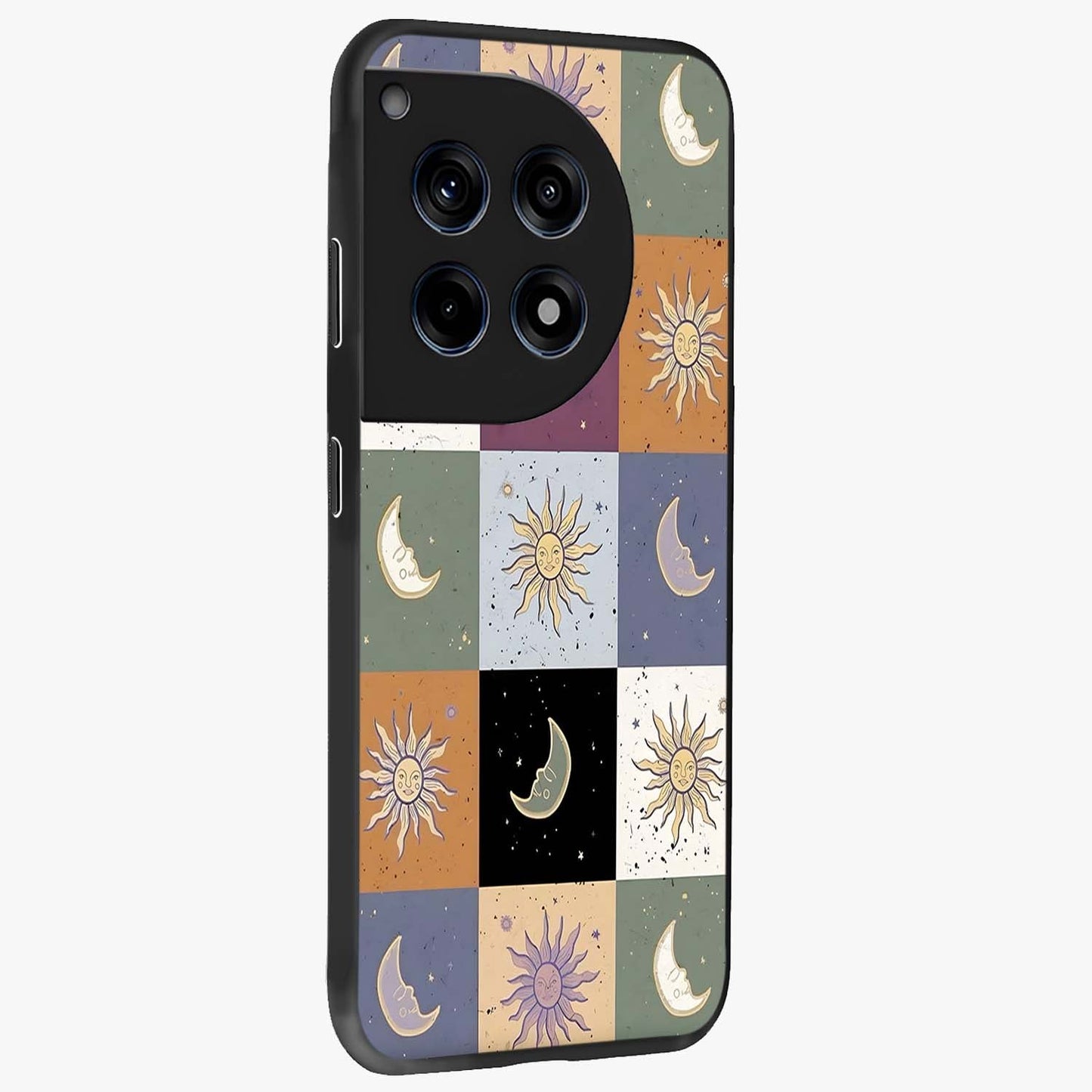 Celestial Patchwork Dreams Glass Case for 1+12R side perspective highlighting vibrant patchwork detailing and sleek edges