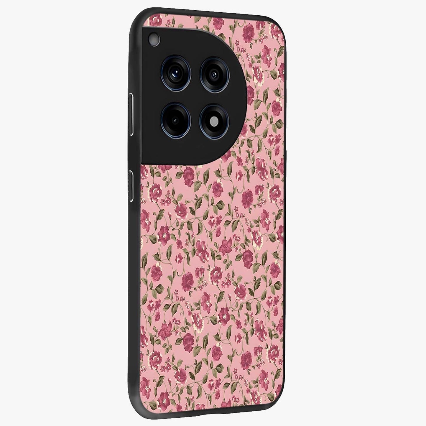 Charming Pink Floral Glass Case for 1+12R side perspective highlighting subtle floral textures and smooth edges