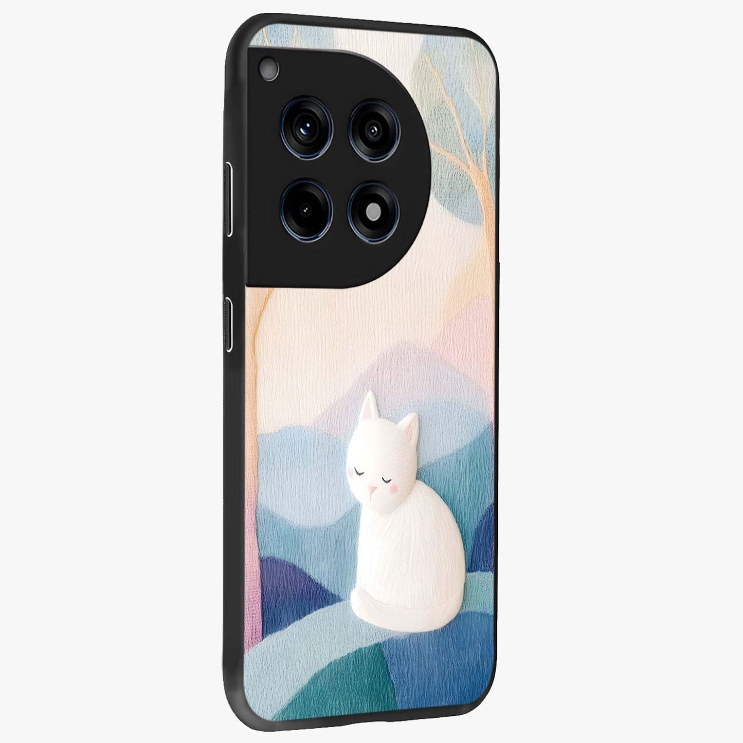 Cotton Dream Cat Glass Case for 1+12R side perspective highlighting cute feline details and smooth premium edges