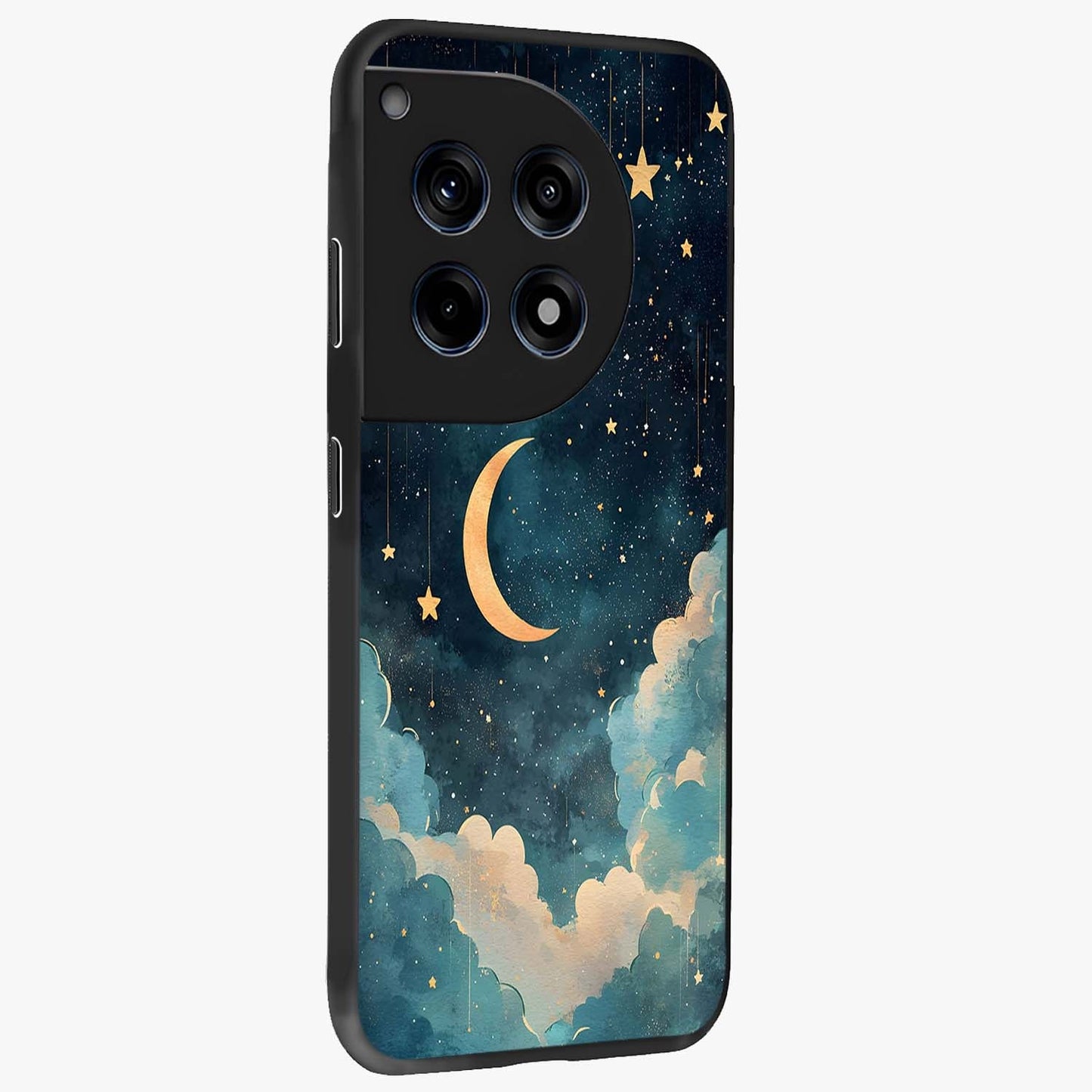 Crescent Galaxy Moon Glass Case for 1+12R side perspective highlighting luminous moon details and premium build
