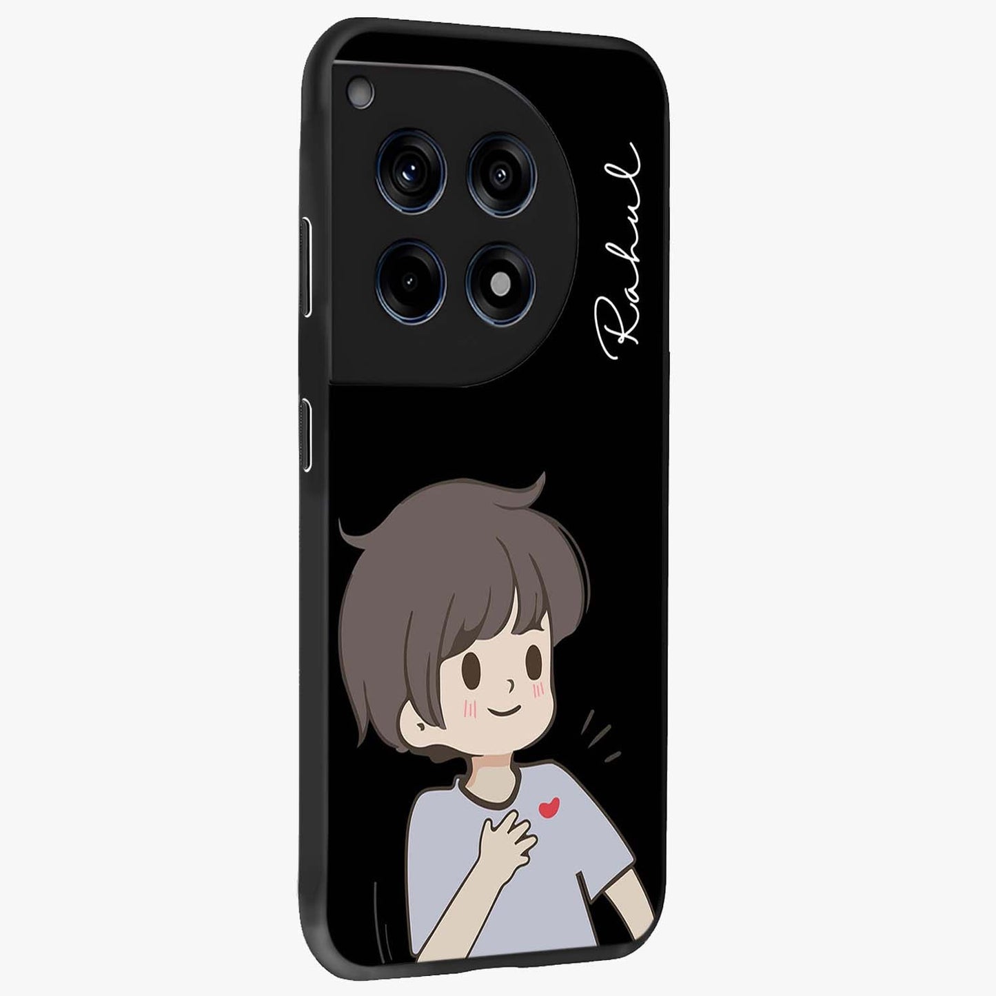 Cute Boy Heart Reaction Glass Case for 1+12R side perspective highlighting expressive illustration details and premium edges