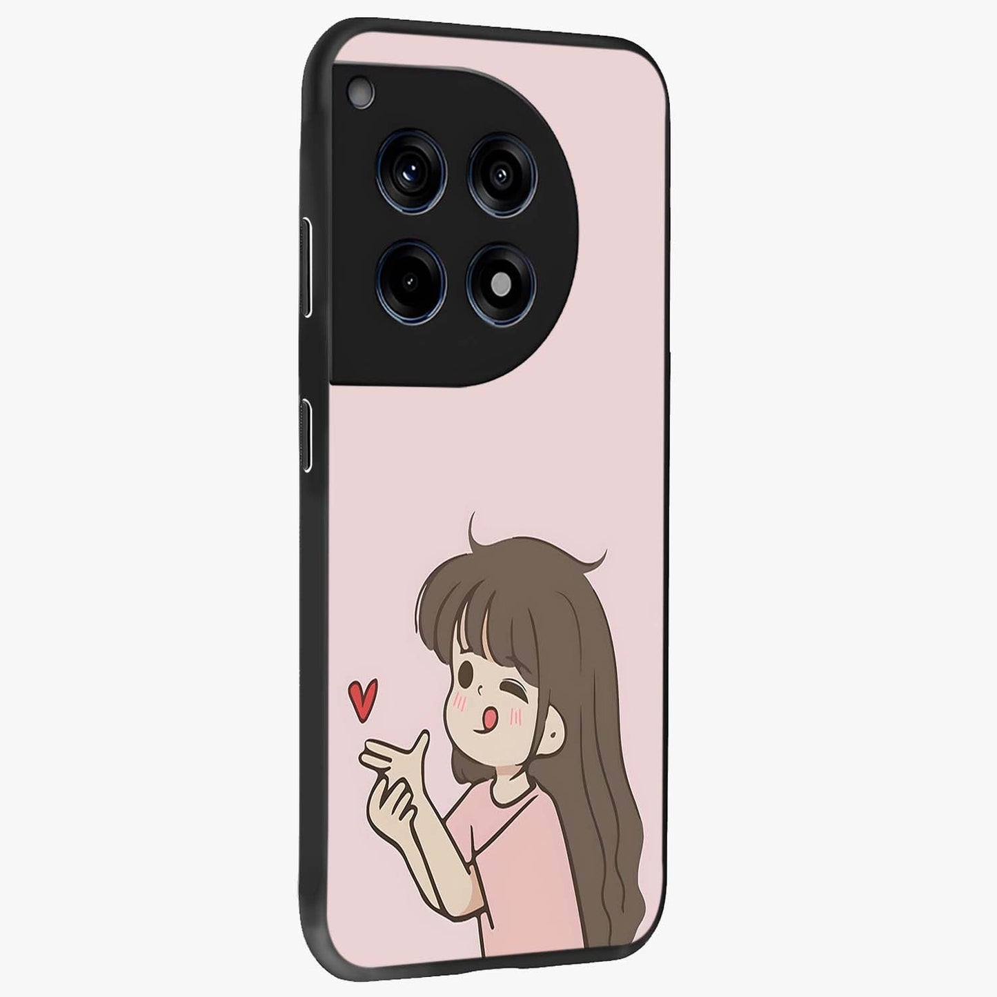 Cute Kiss Heart Glass Case for 1+12R side perspective highlighting delicate heart detailing and premium edge finish