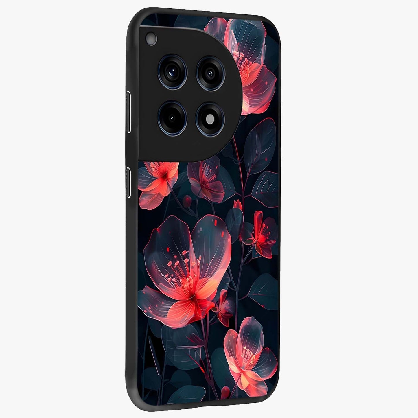 Dark Shade of Flower Glass Case for 1+12R side perspective highlighting elegant dark floral textures and sleek build