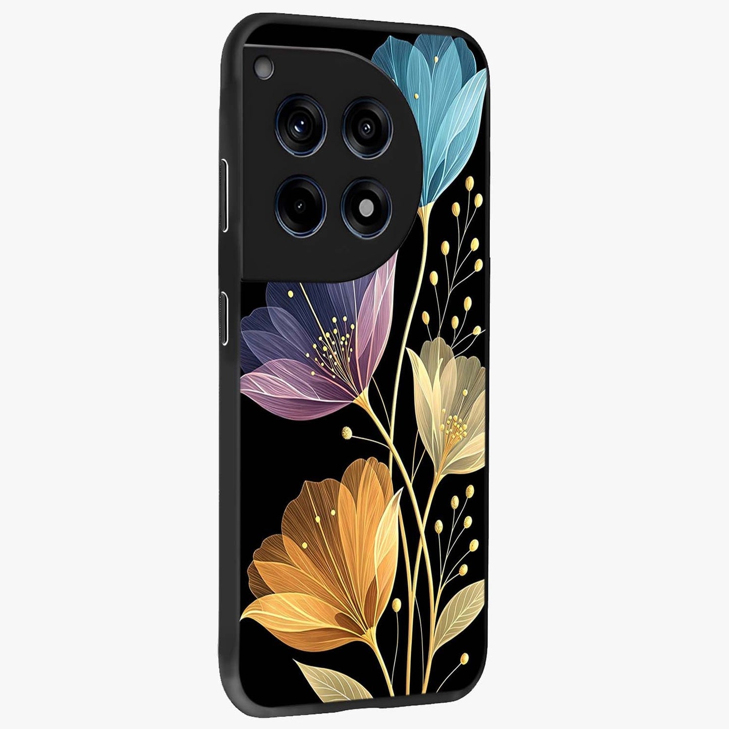 Delicate Multicolor Flowers Glass Case for 1+12R side perspective highlighting colorful floral textures and premium edges