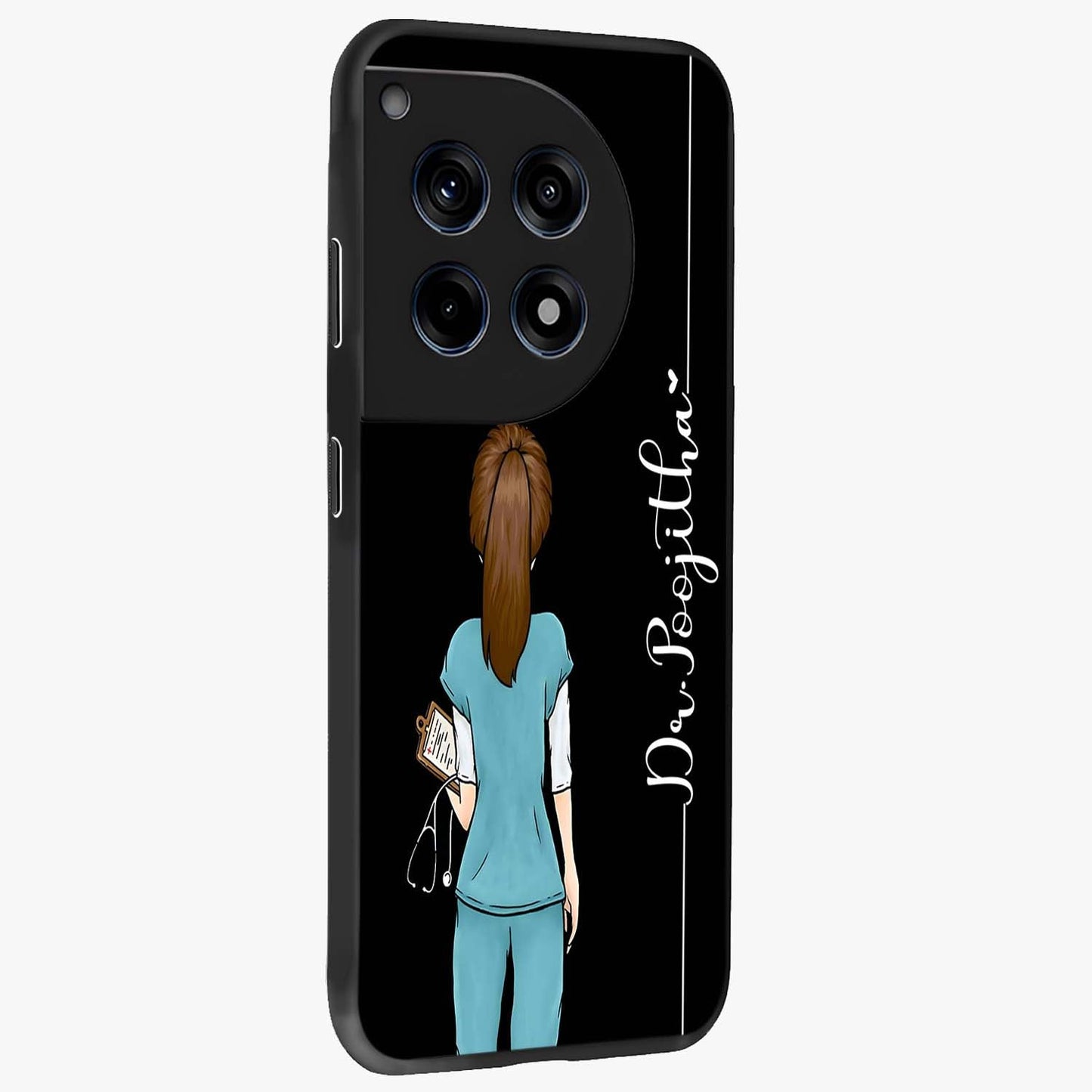 Doctor Pattern Custom Name Glass Case for 1+12R side perspective highlighting custom typography and smooth premium edges