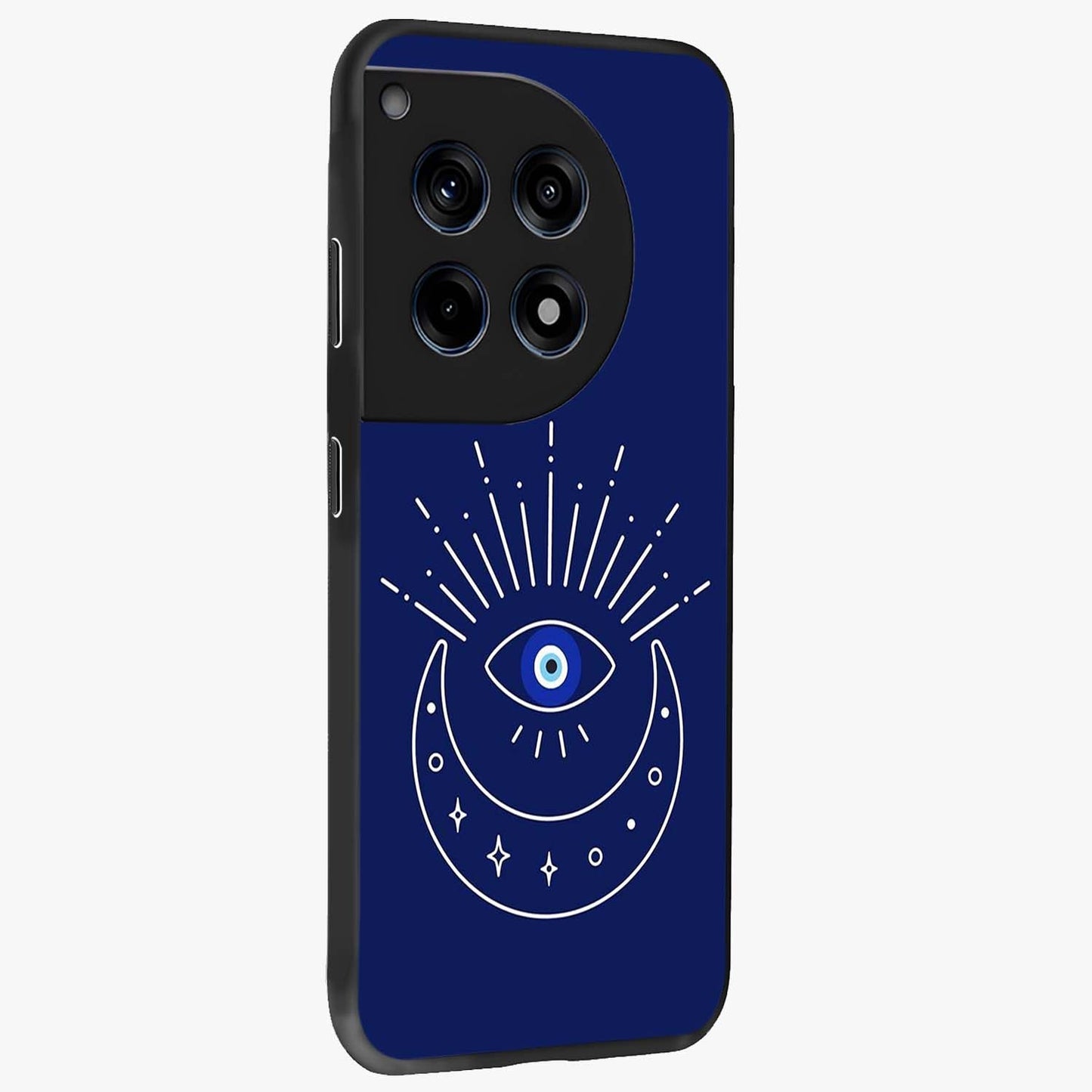 Evil Eye With Blue Themed Collage Glass Case for 1+12R side perspective highlighting bold collage detailing and smooth edges