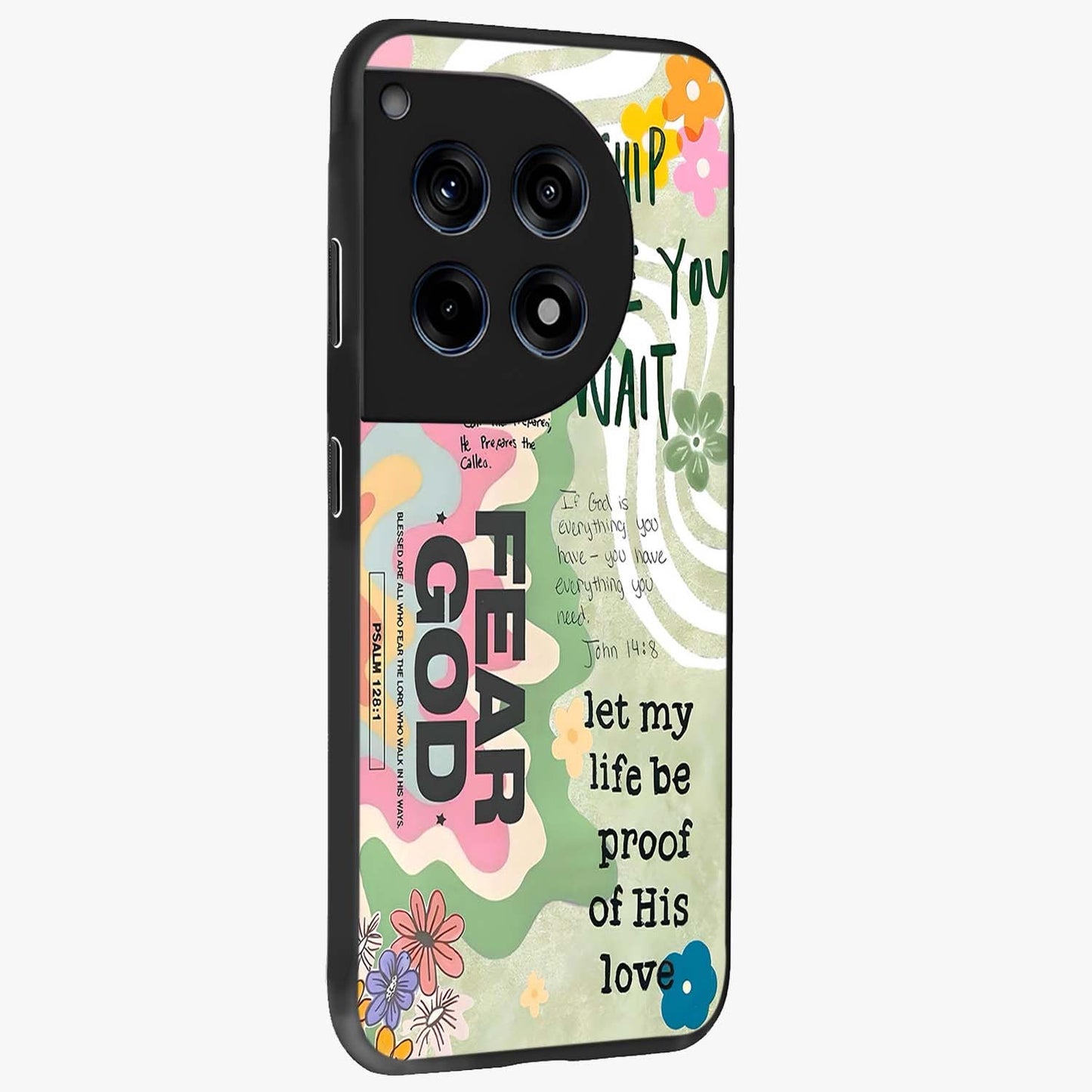 Faith Over Fear Glass Case for 1+12R side perspective highlighting powerful text detailing and premium edges