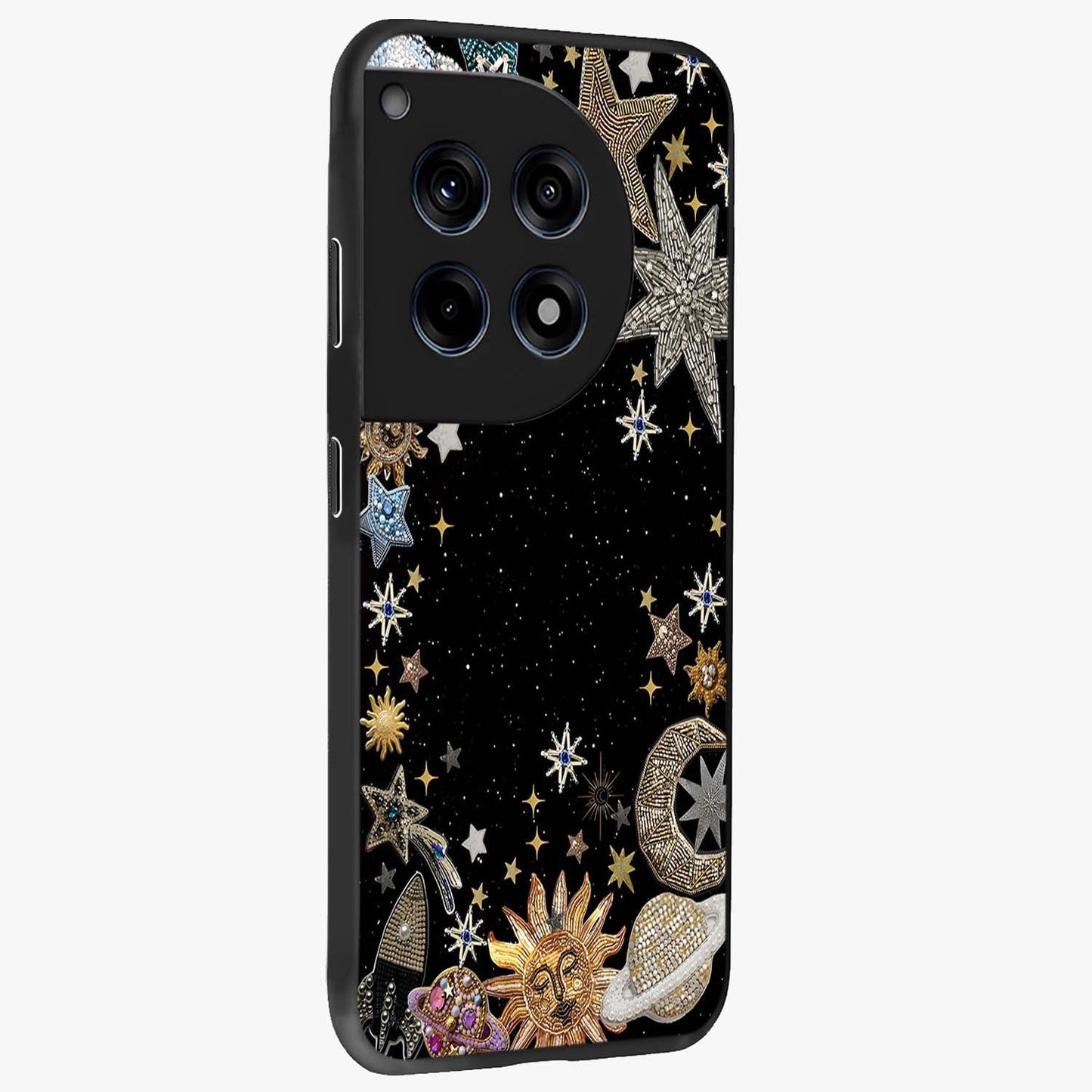 Galactic Jewel Stars Glass Case for 1+12R side perspective highlighting shimmering textures and premium edges