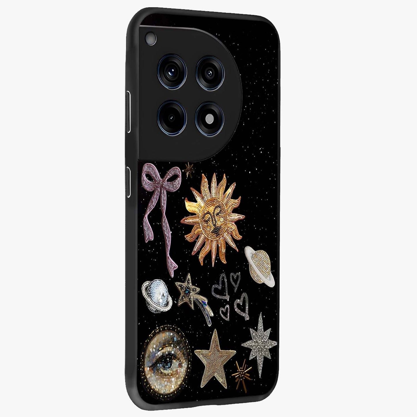 Galactic Sun Charm Glass Case for 1+12R side perspective highlighting glowing sun detailing and premium edge finish