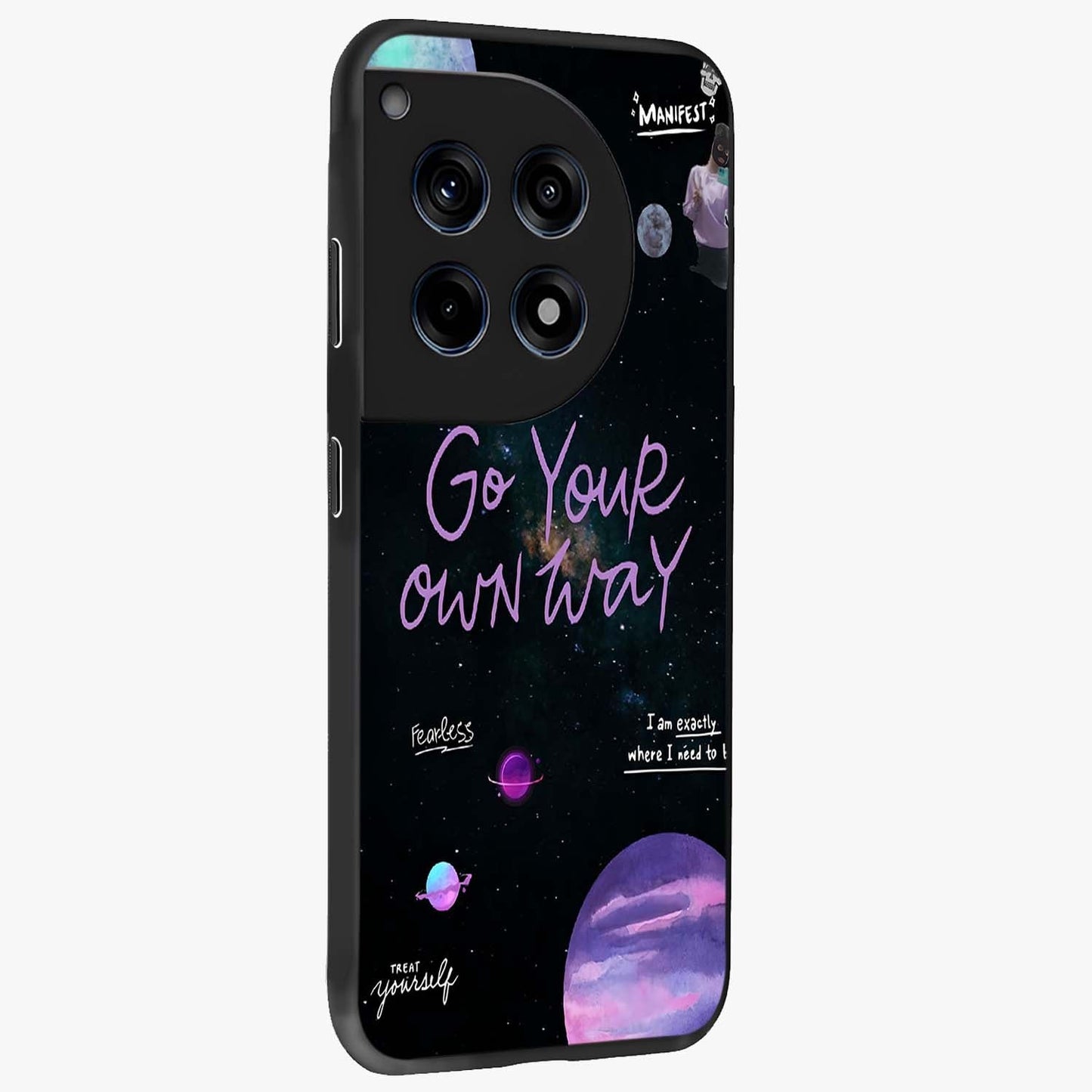 Galactic Vibes Universe Glass Case for 1+12R side perspective highlighting bold cosmic textures and sleek build
