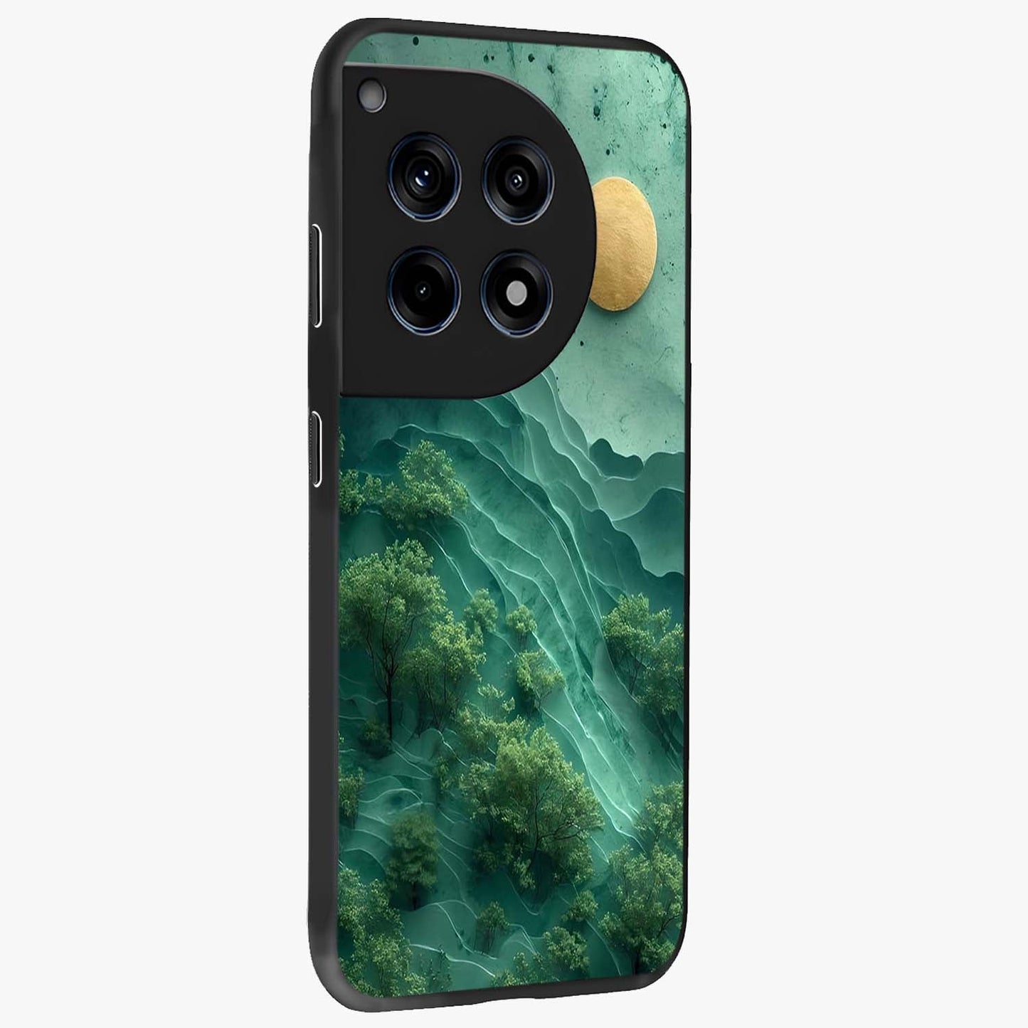 Green Hills With Sun Glass Case for 1+12R side perspective highlighting serene landscape textures and premium build