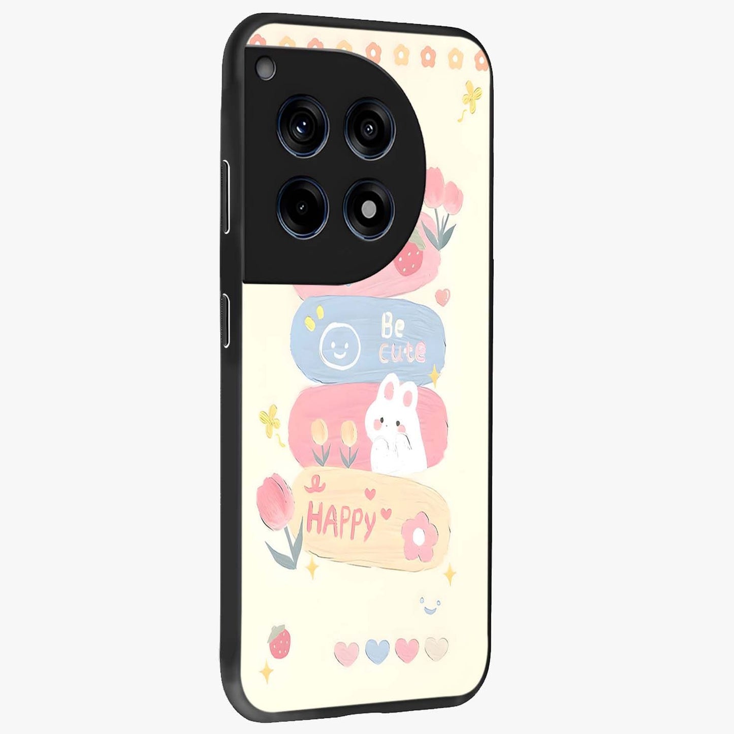 Happy Cute Bunny Glass Case for 1+12R side perspective highlighting charming character detailing and smooth build