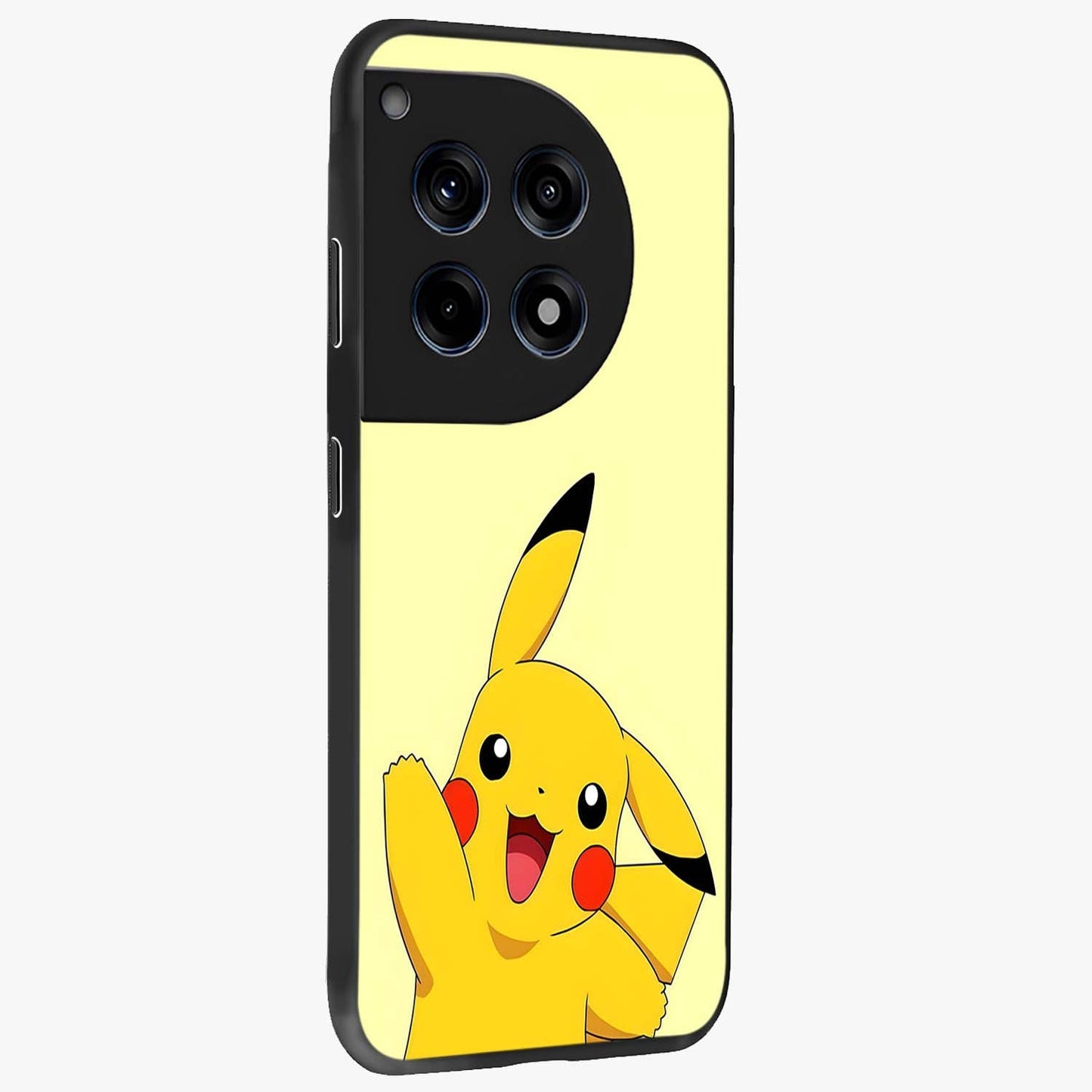 Happy Electric Pikachu Glass Case for 1+12R side perspective highlighting lively character detailing and sleek build