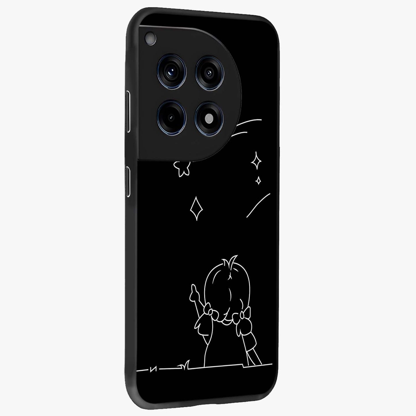 Line Art Girl With Shooting Stars Glass Case for 1+12R side perspective highlighting subtle star textures and premium build