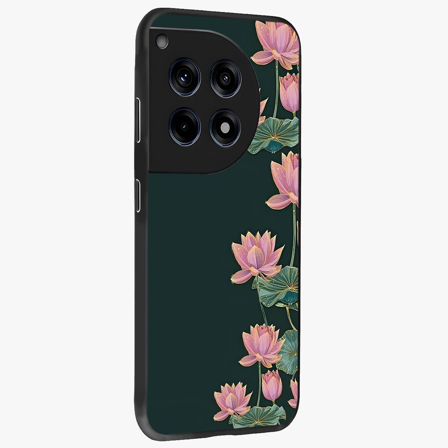 Lotus Bloom Serenity Glass Case for 1+12R side perspective highlighting delicate petal textures and premium edges