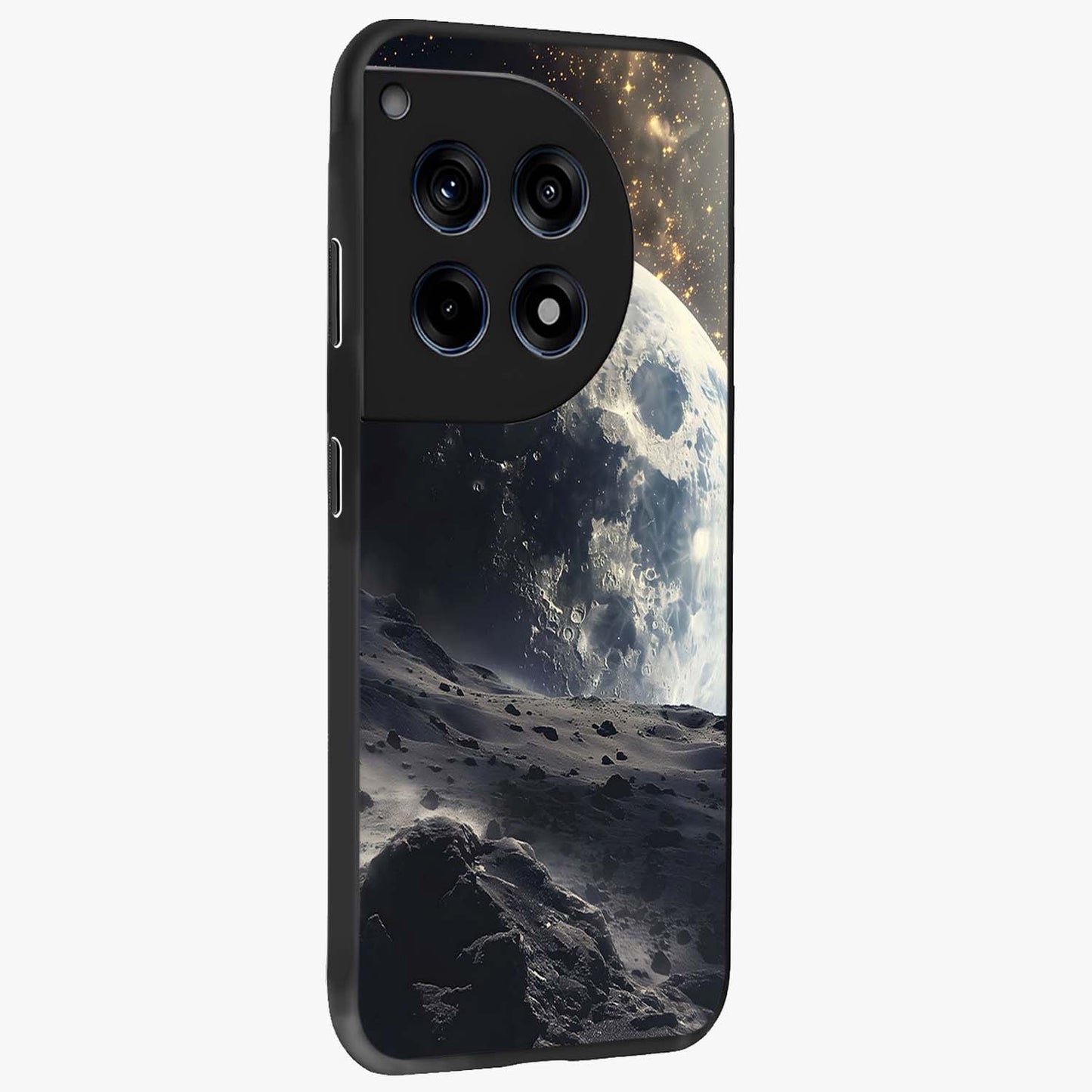 Lunar Horizon Glow Glass Case for 1+12R side perspective highlighting smooth gradient textures and premium edges