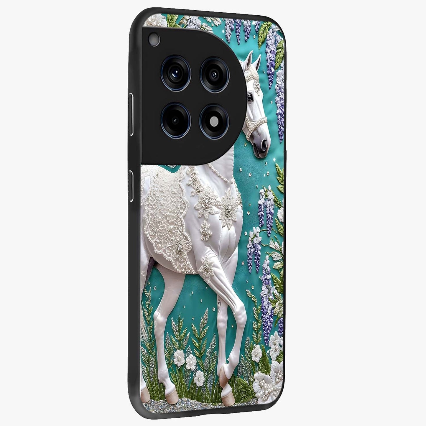 Majestic Floral Stallion Glass Case for 1+12R side perspective highlighting refined equestrian textures and premium edges