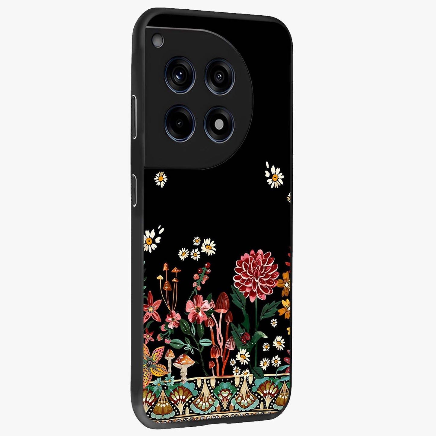 Midnight Bloom Pattern Glass Case for 1+12R side perspective highlighting intricate floral textures and premium edges