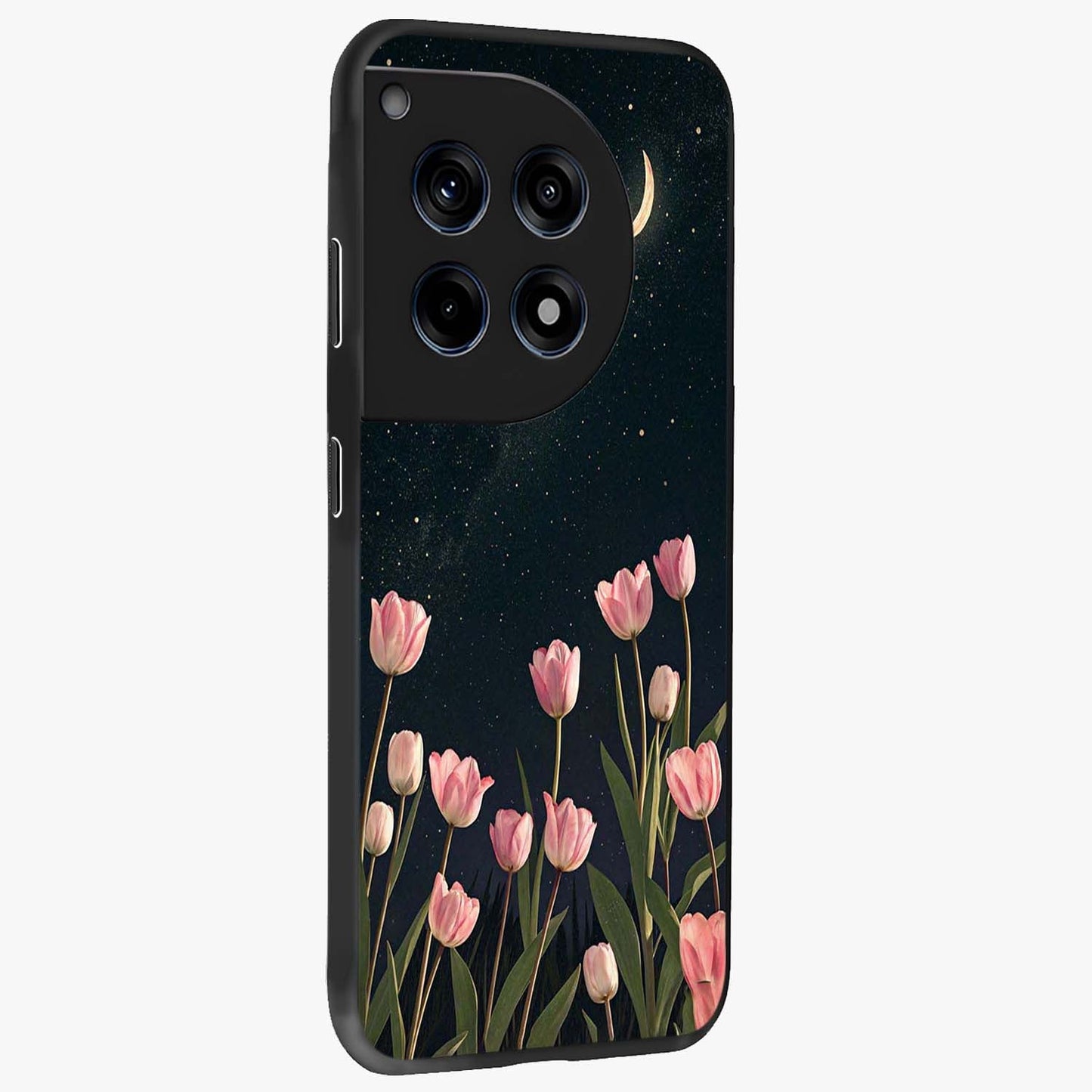 Midnight Tulip Whispers Vibe Glass Case for 1+12R side perspective highlighting graceful floral textures and premium edges