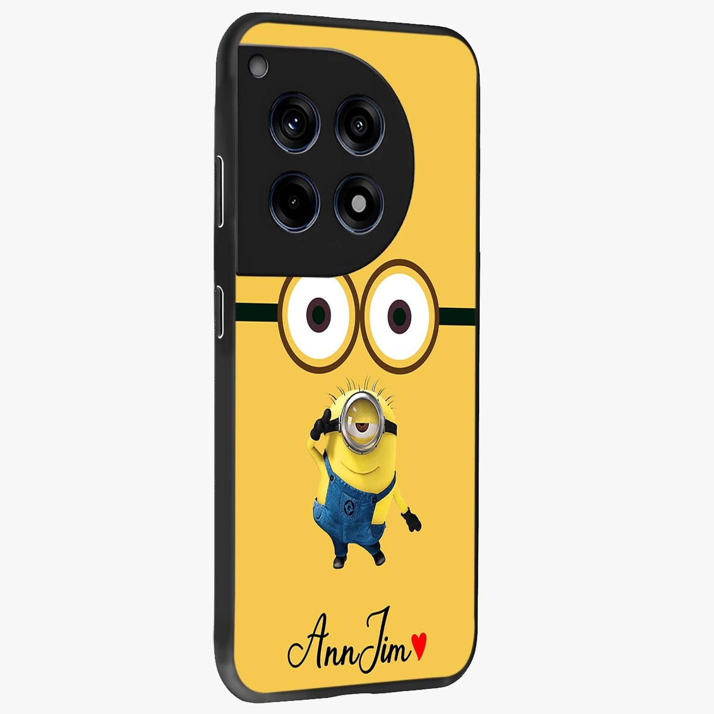 Minion Custom Name Glass Case for 1+12R side perspective highlighting custom typography and smooth premium build