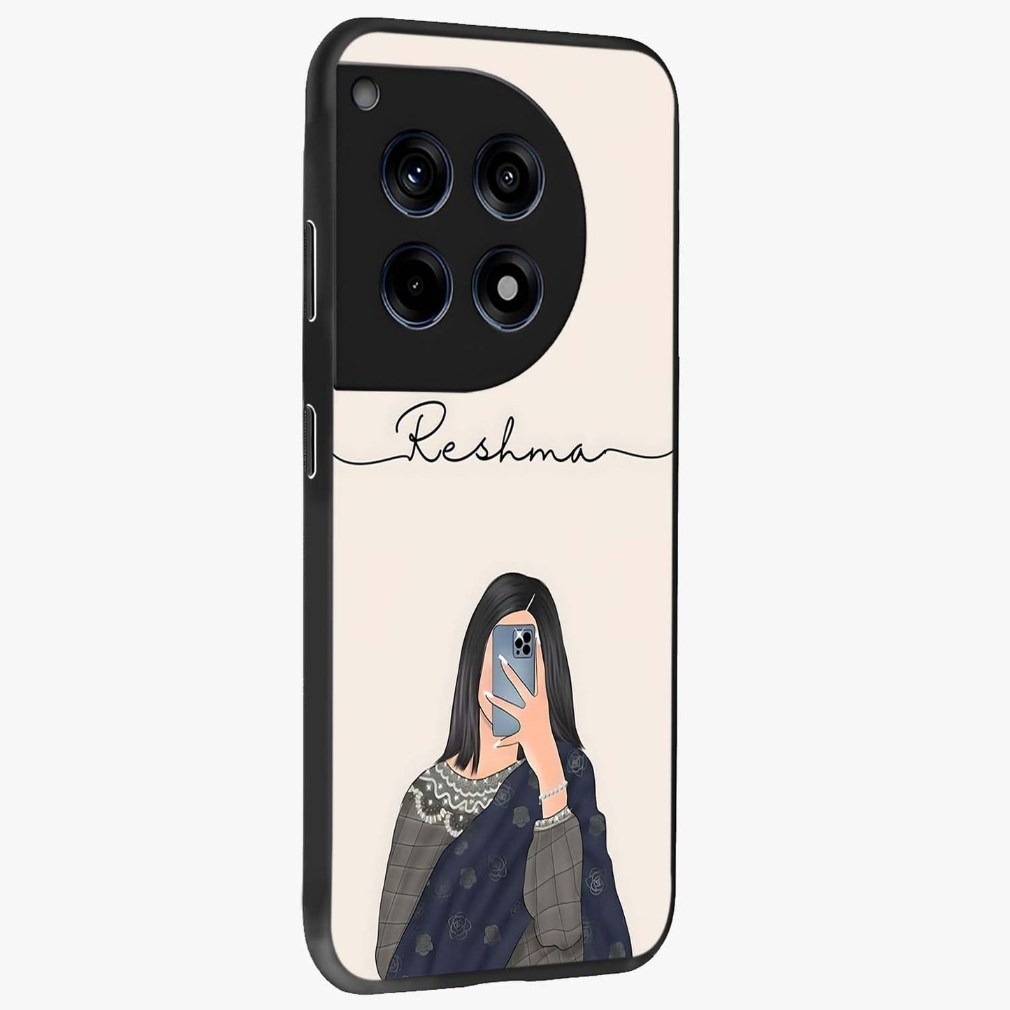 Mirror Mood Muse With Custom Name Glass Case for 1+12R side perspective highlighting custom text detailing and premium edges