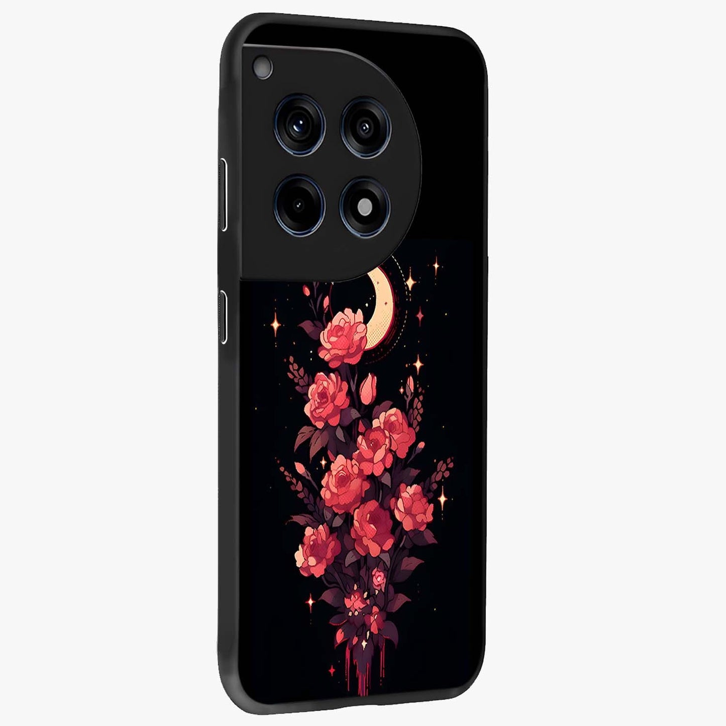 Moonlit Floral Elegance Glass Case for 1+12R side perspective highlighting elegant bloom detailing and smooth build