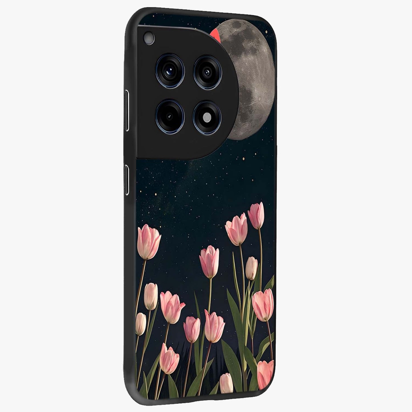 Moonlit Night Tulip Glass Case for 1+12R side perspective highlighting delicate petal textures and sleek build