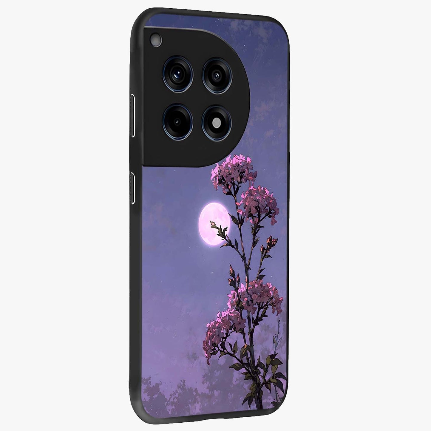 Moonlit Petal Night Glass Case for 1+12R side perspective highlighting graceful petal textures and smooth build