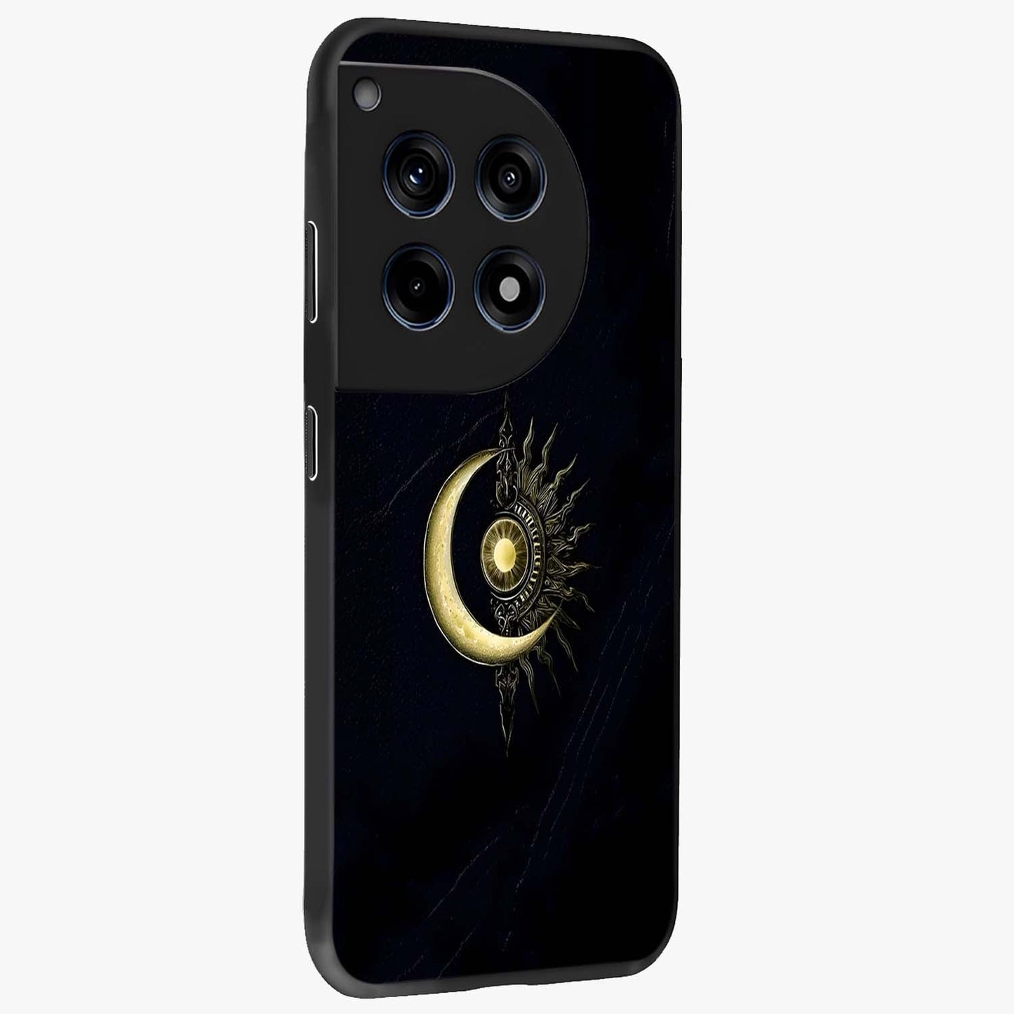 Mystic Lunar Flame Glass Case for 1+12R side perspective highlighting intense flame textures and premium build