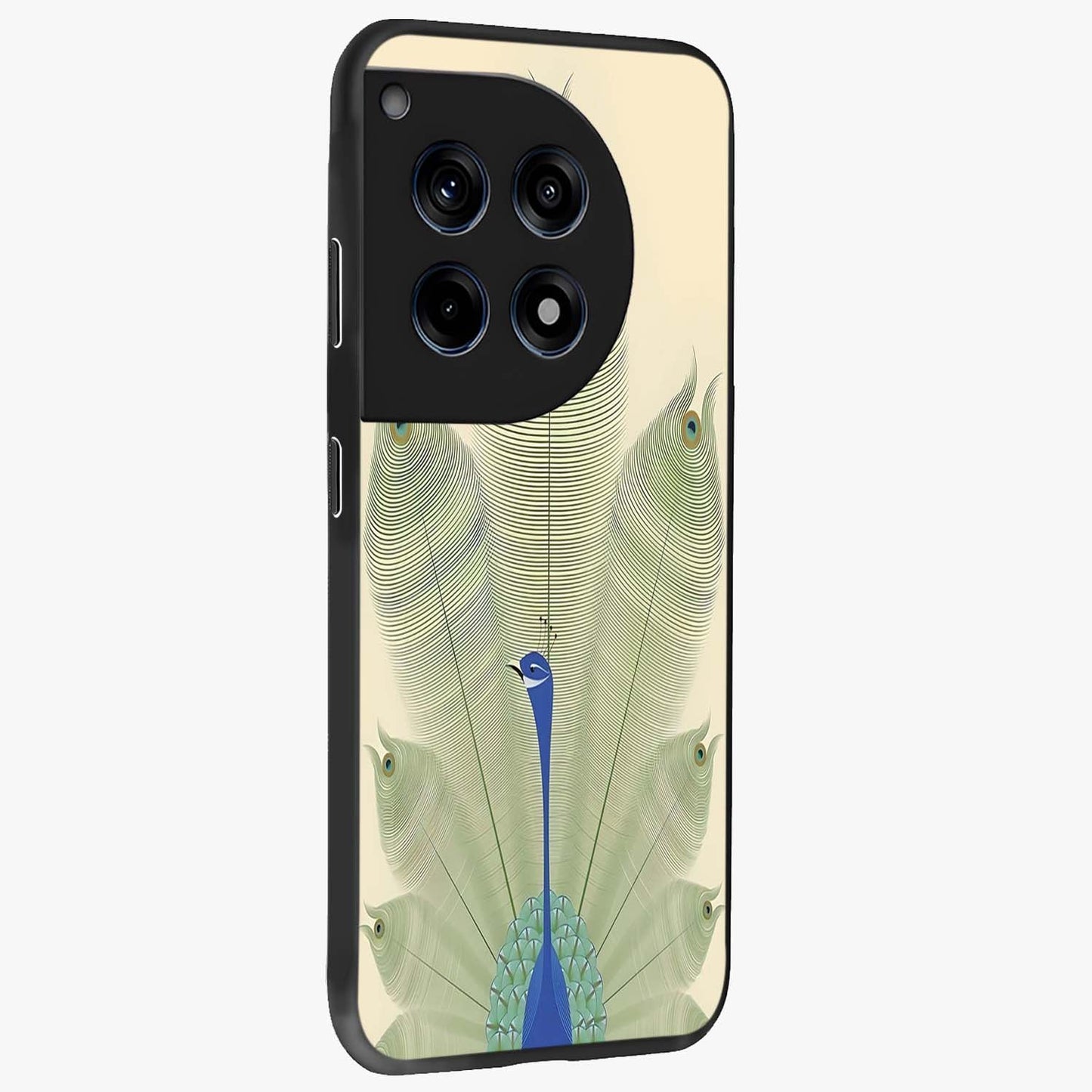 Peacock Feather Grace Glass Case for 1+12R side perspective highlighting intricate plume textures and premium edges