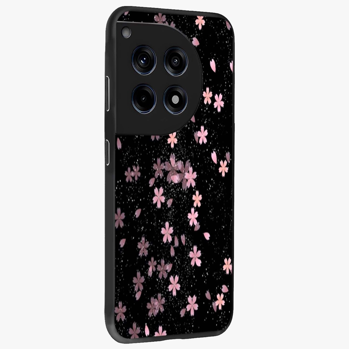 Pink Flower Black Background Glass Case for 1+12R side perspective highlighting vivid bloom textures and sleek build