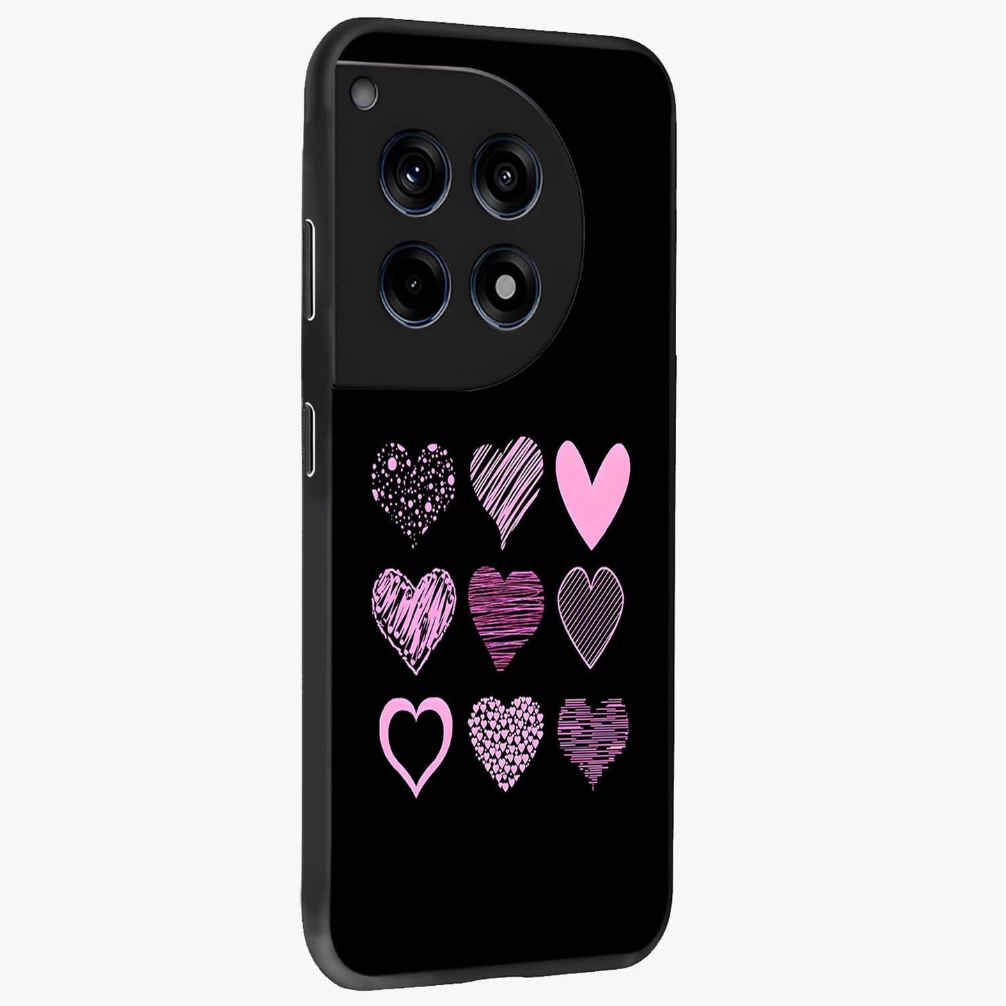 Pink Heart Aesthetic Glass Case for 1+12R side perspective highlighting smooth textures and premium edge finish