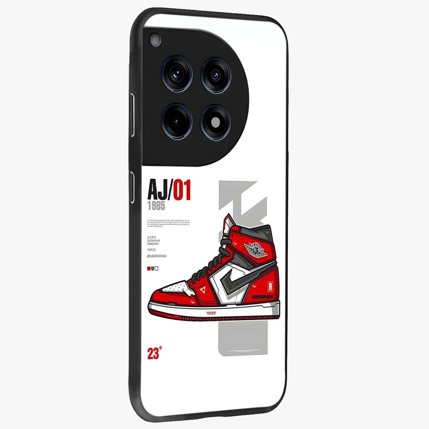 Retro Sneaker Blueprint Glass Case for 1+12R side perspective highlighting sharp graphic textures and sleek build