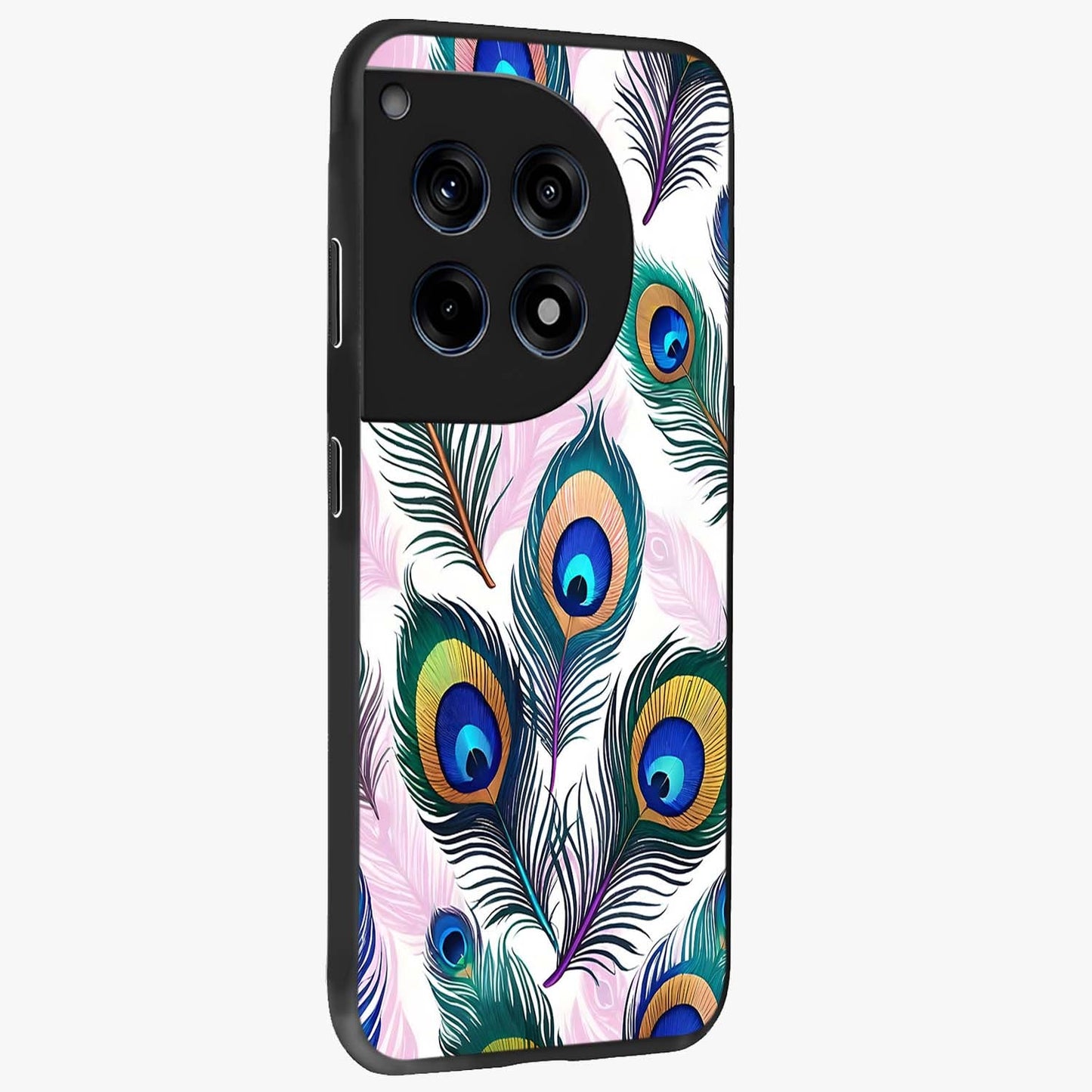 Royal Peacock Feathers Glass Case for 1+12R side perspective highlighting intricate plume textures and sleek premium build