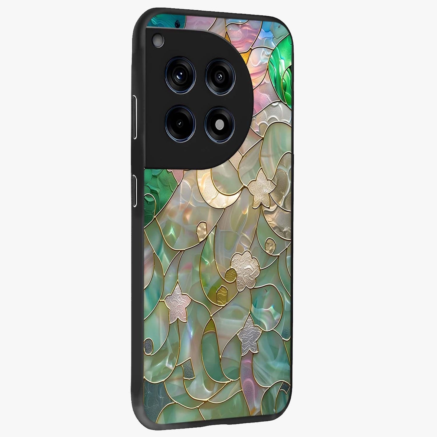 Stained Sunrise Glow Glass Case for 1+12R side perspective highlighting luminous textures and sleek premium build
