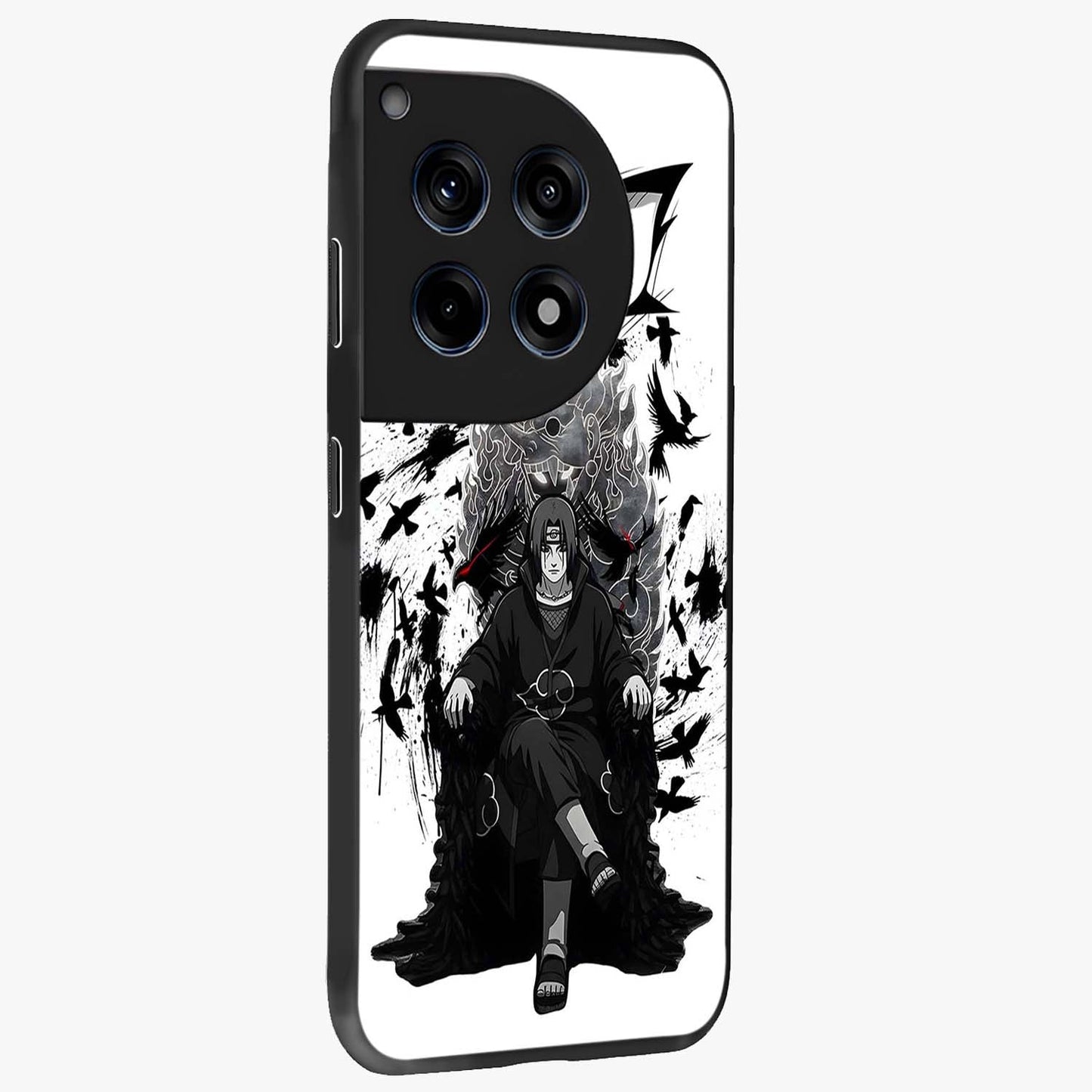 Uchiha Shadow Throne Glass Case for 1+12R side perspective highlighting bold character textures and premium edges