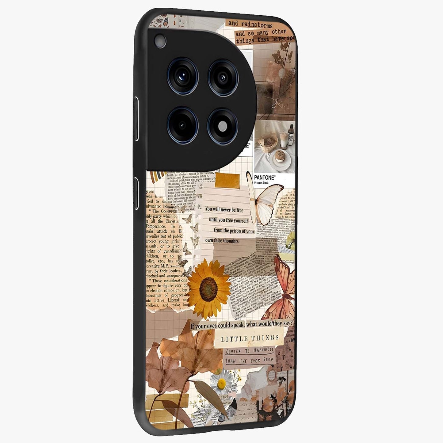 Vintage Aesthetic Collage Glass Case for 1+12R side perspective highlighting textured layers and premium edges