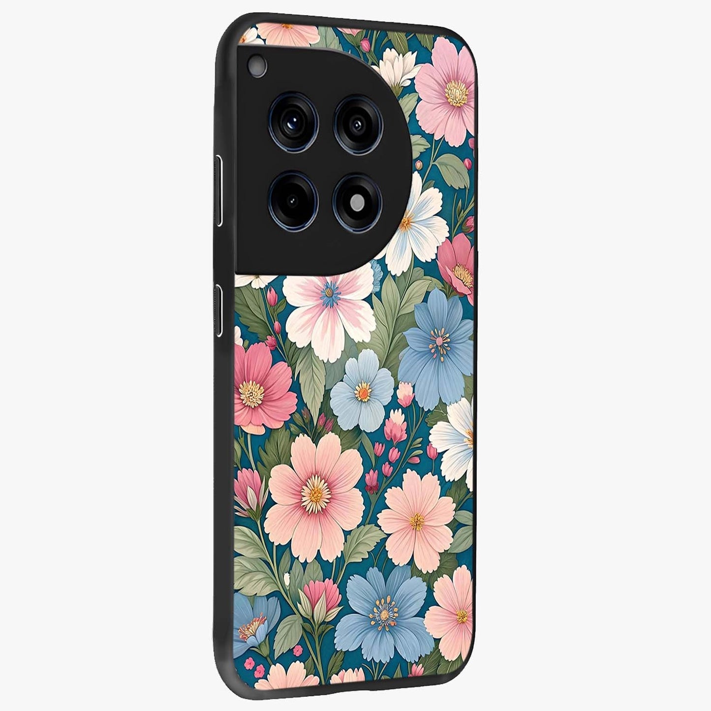 Vintage Floral Charm Glass Case for 1+12R side perspective highlighting refined floral textures and premium edges