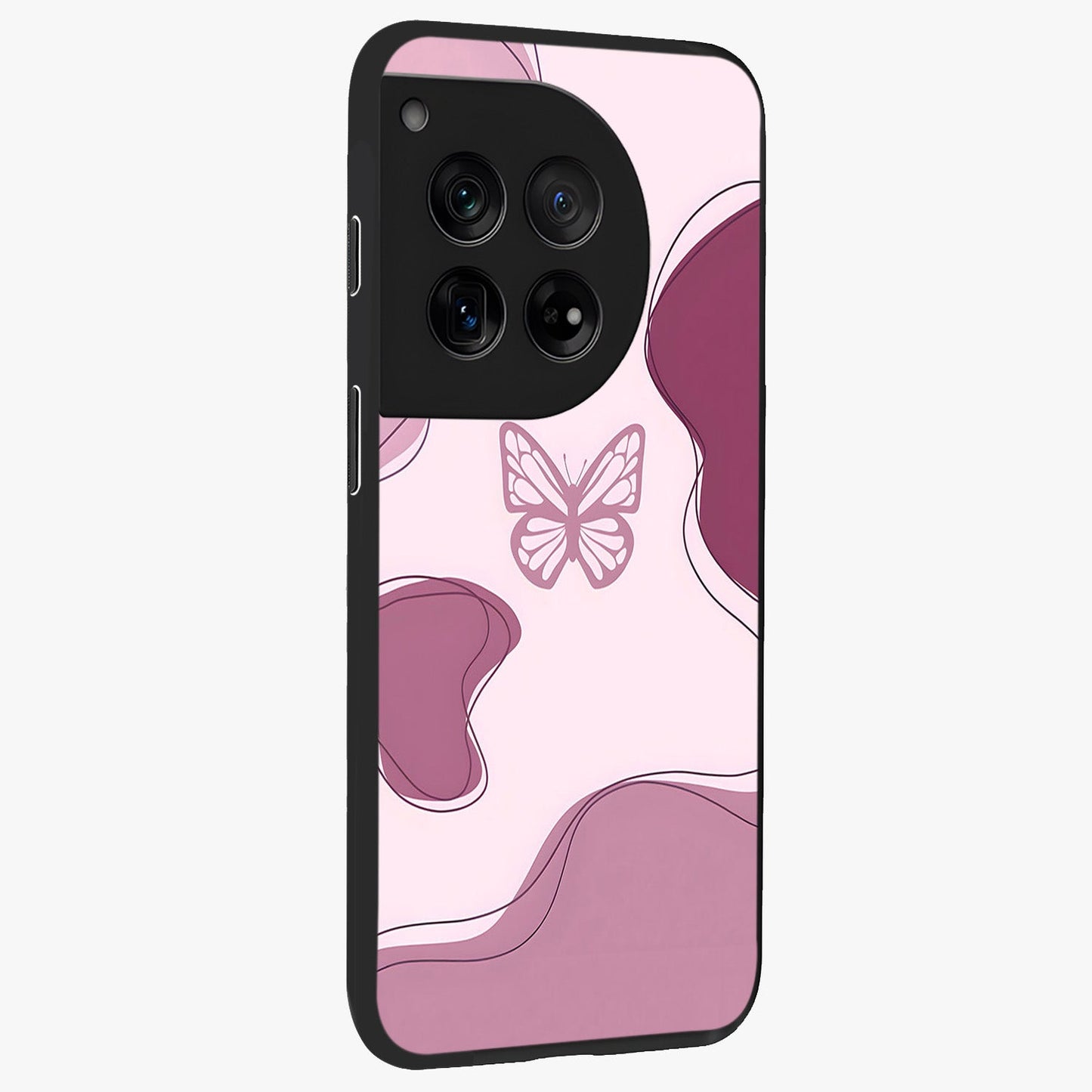 Aesthetic Pinkish Custom Name Butterfly Glass Case for 1+12 side perspective highlighting premium edges and butterfly detailing