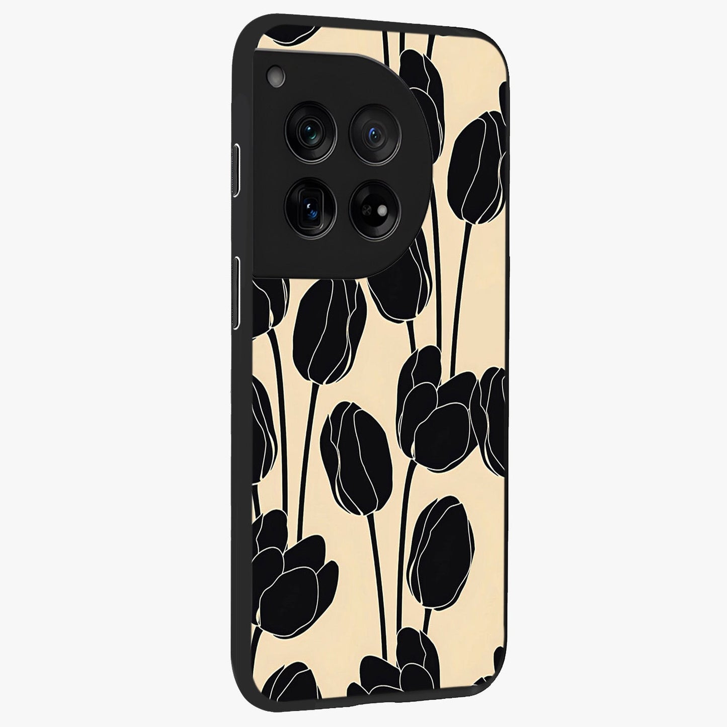 Black Designer Tulip Glass Case for 1+12 side perspective highlighting bold contrast and stylish tulip illustration
