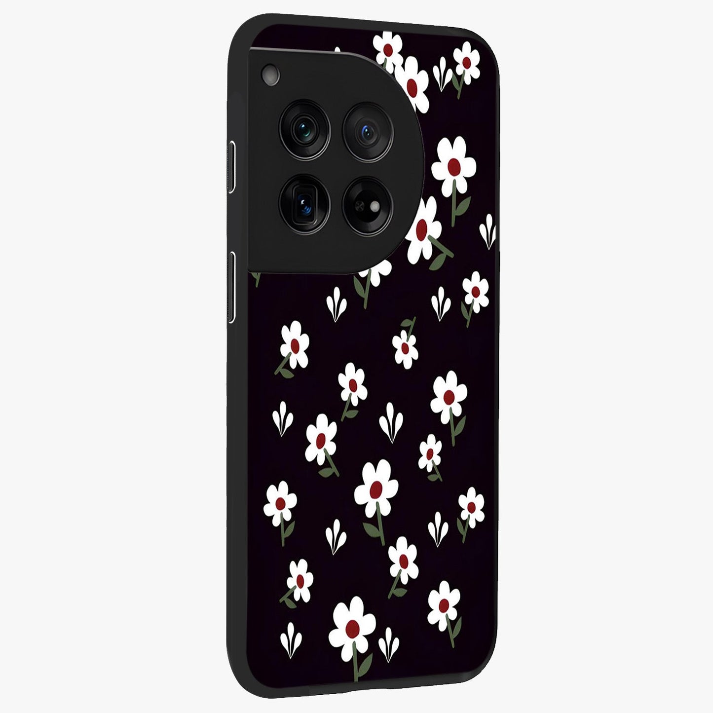 Black Prints Daisy Flower Pattern Glass Case for 1+12 side perspective highlighting delicate daisy details and smooth edges